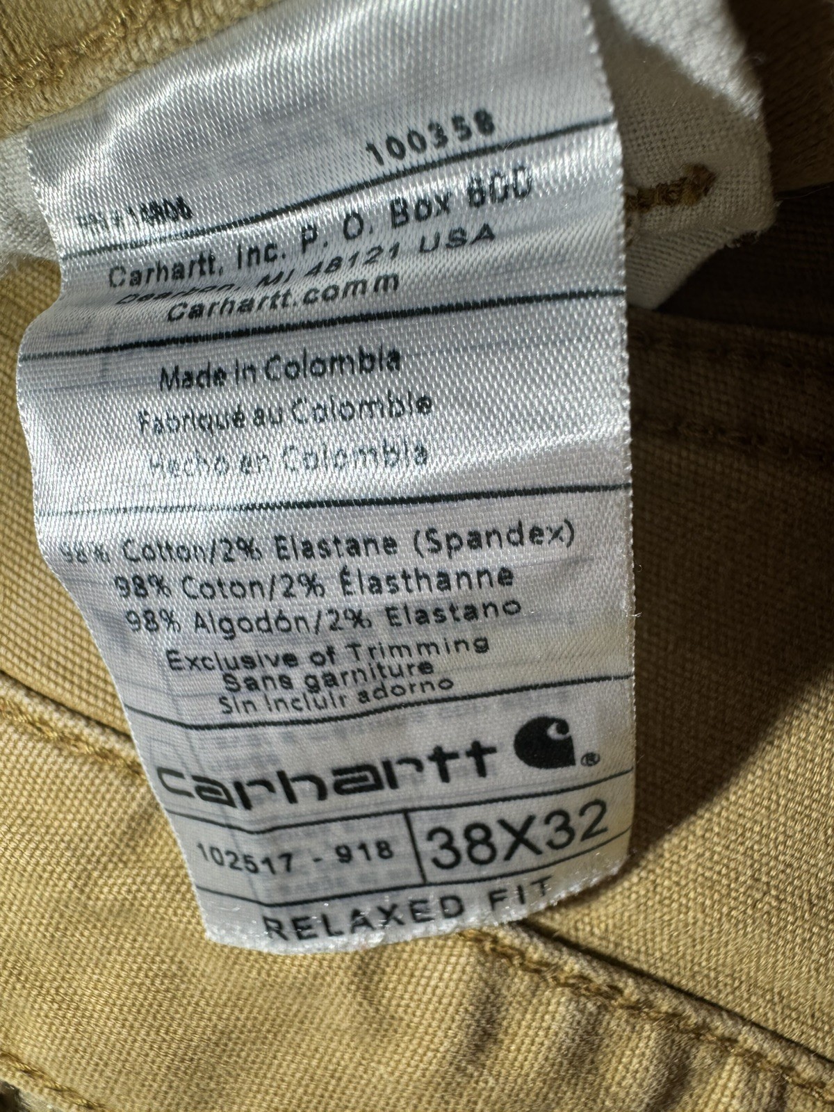 Carhartt Relaxed Fit Canvas Work Pants Tan 38×32 102517-918 Mens Khaki Duck