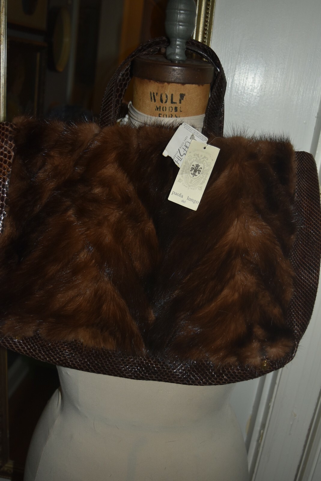 nwt paola brown mink fur shoulder handbag purse approx 11x15in