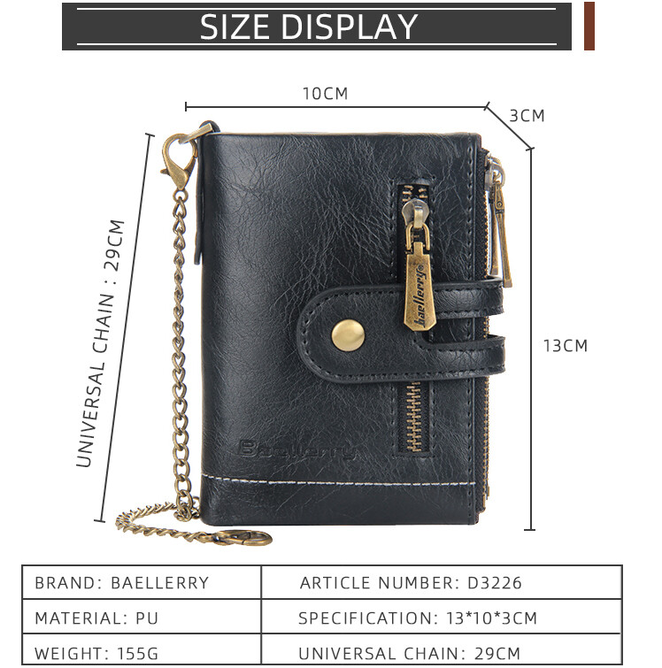 Mens Wallet Genuine Leather RFID Bifold with Chain and Double Zipper Coin Pocket