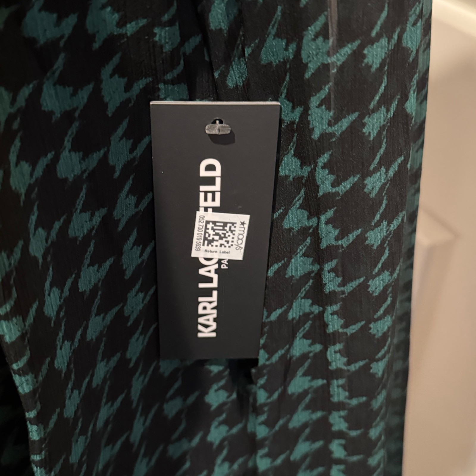 Karl Lagerfeld Paris Houndstooth Blouse Women XL NWT Teal Black Sheer Oversized