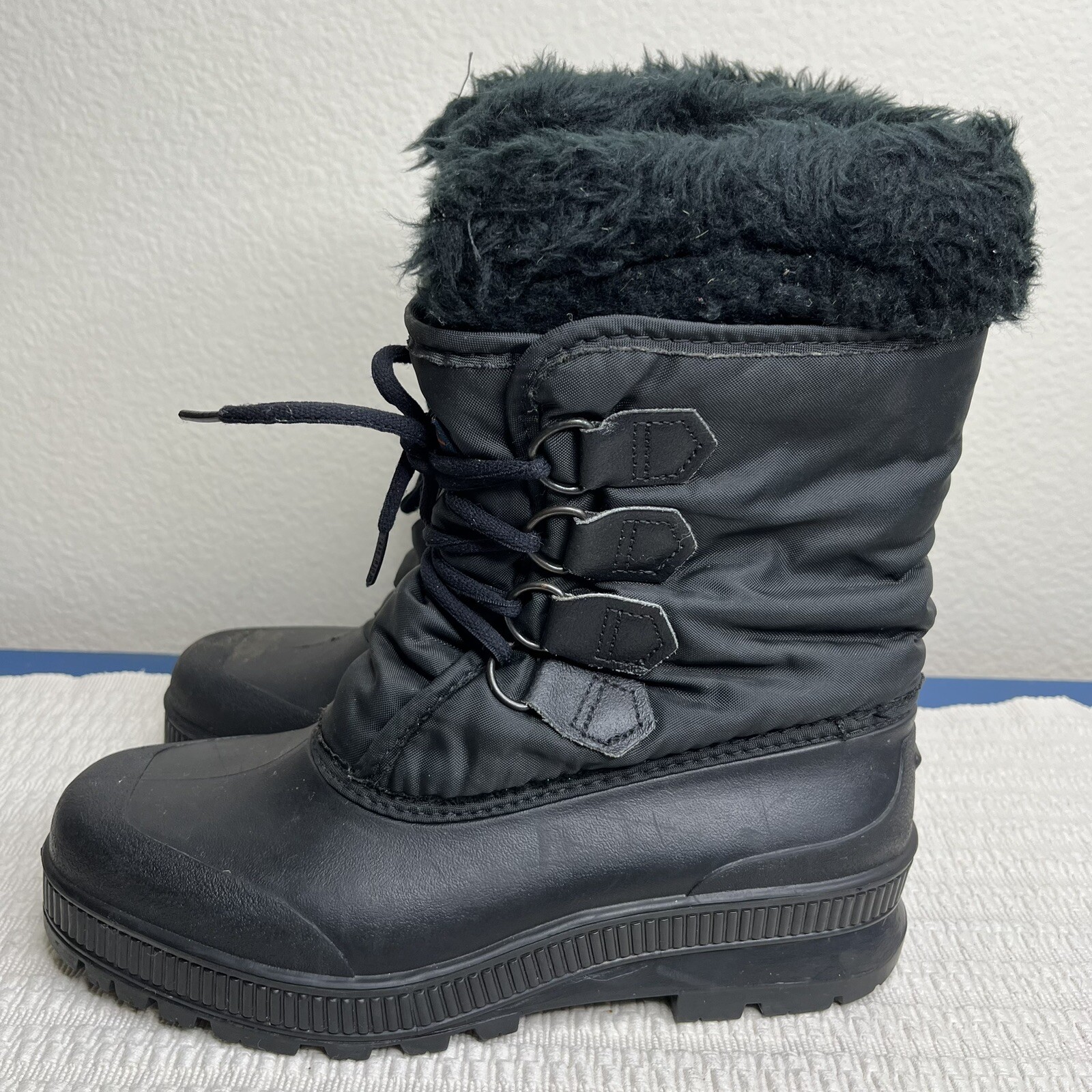Sorel Kaufman Black Nylon Rubber Snow Duck Boots Faux Fur Lined Women Size 7