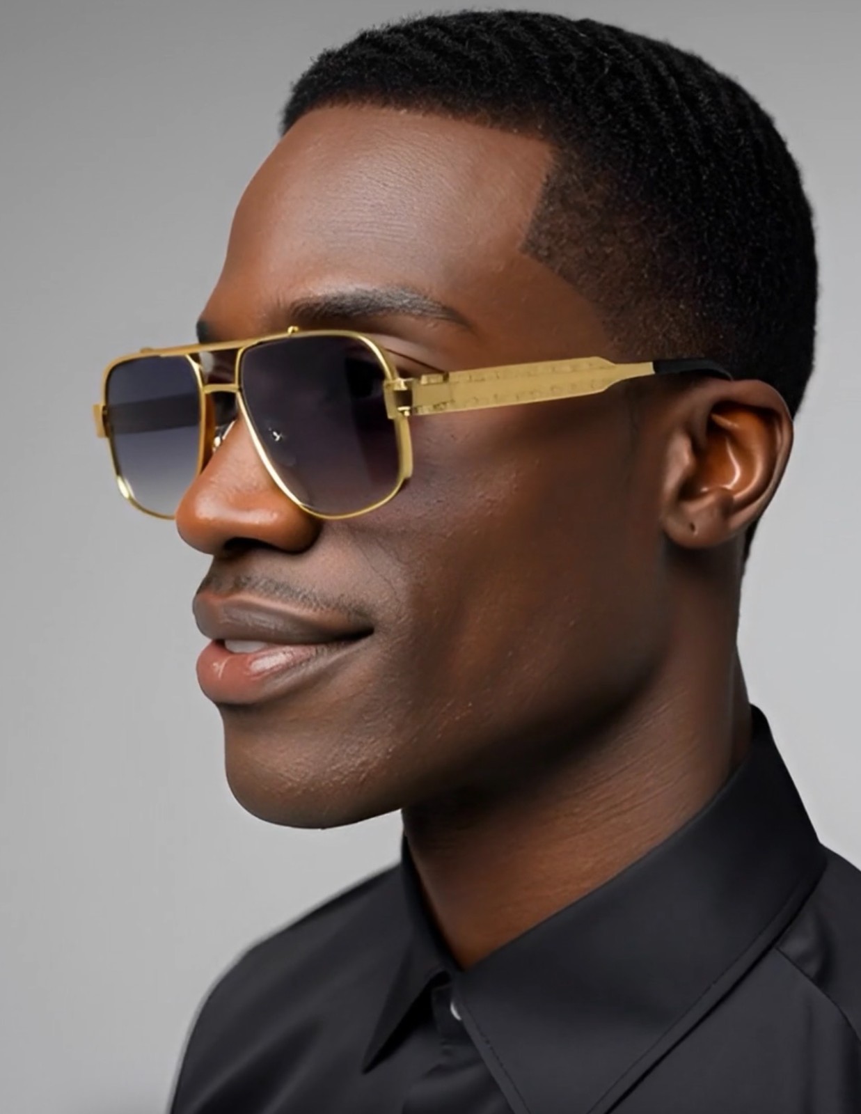 Men Sunglasses Classic Black Lens Square Fashion Design Gold Metal Frame Shades
