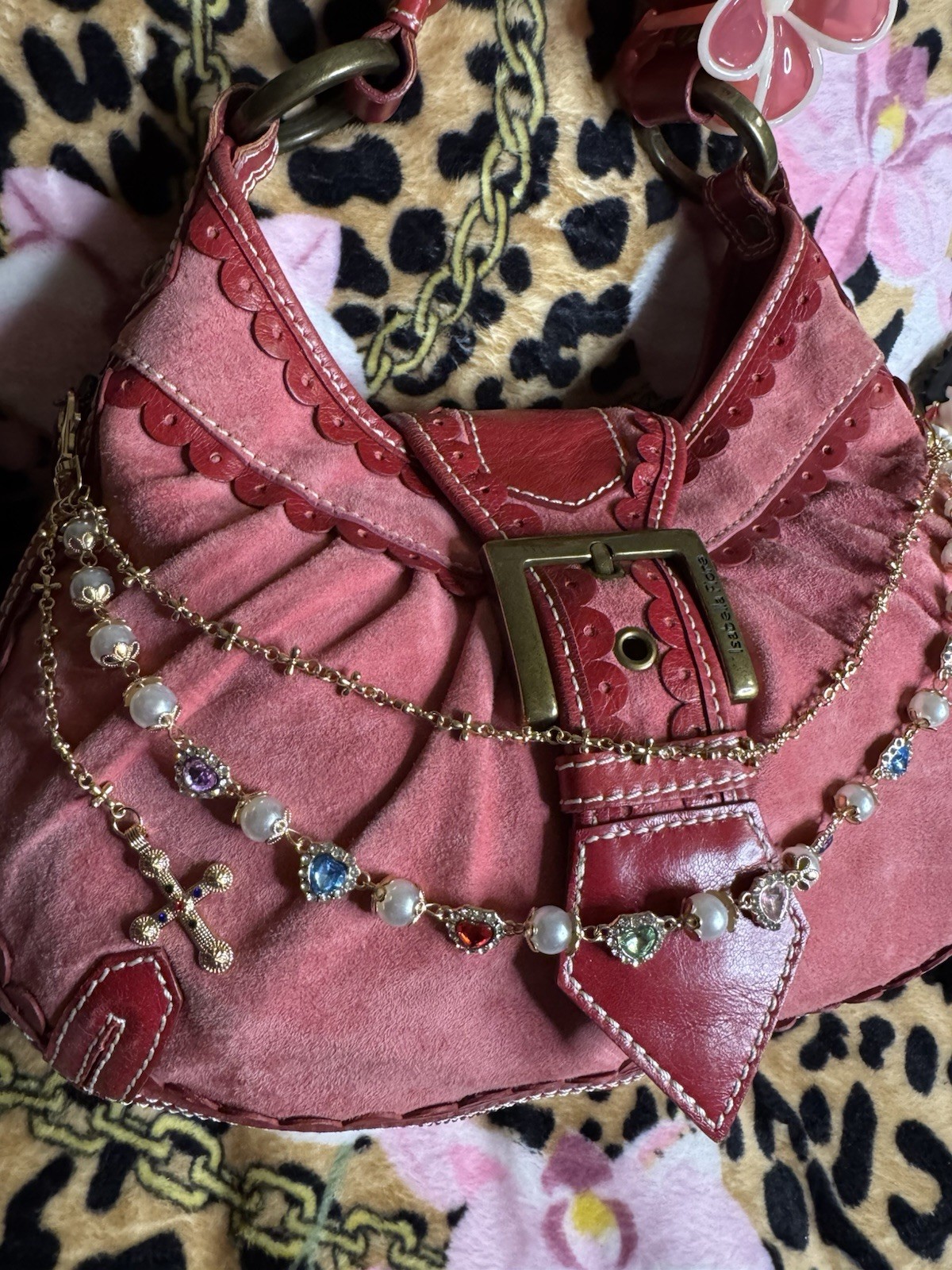 Isabella Fiore Pink/Red Shoulder Bag Top Handle Zip Buckle Beaded Chain Charm
