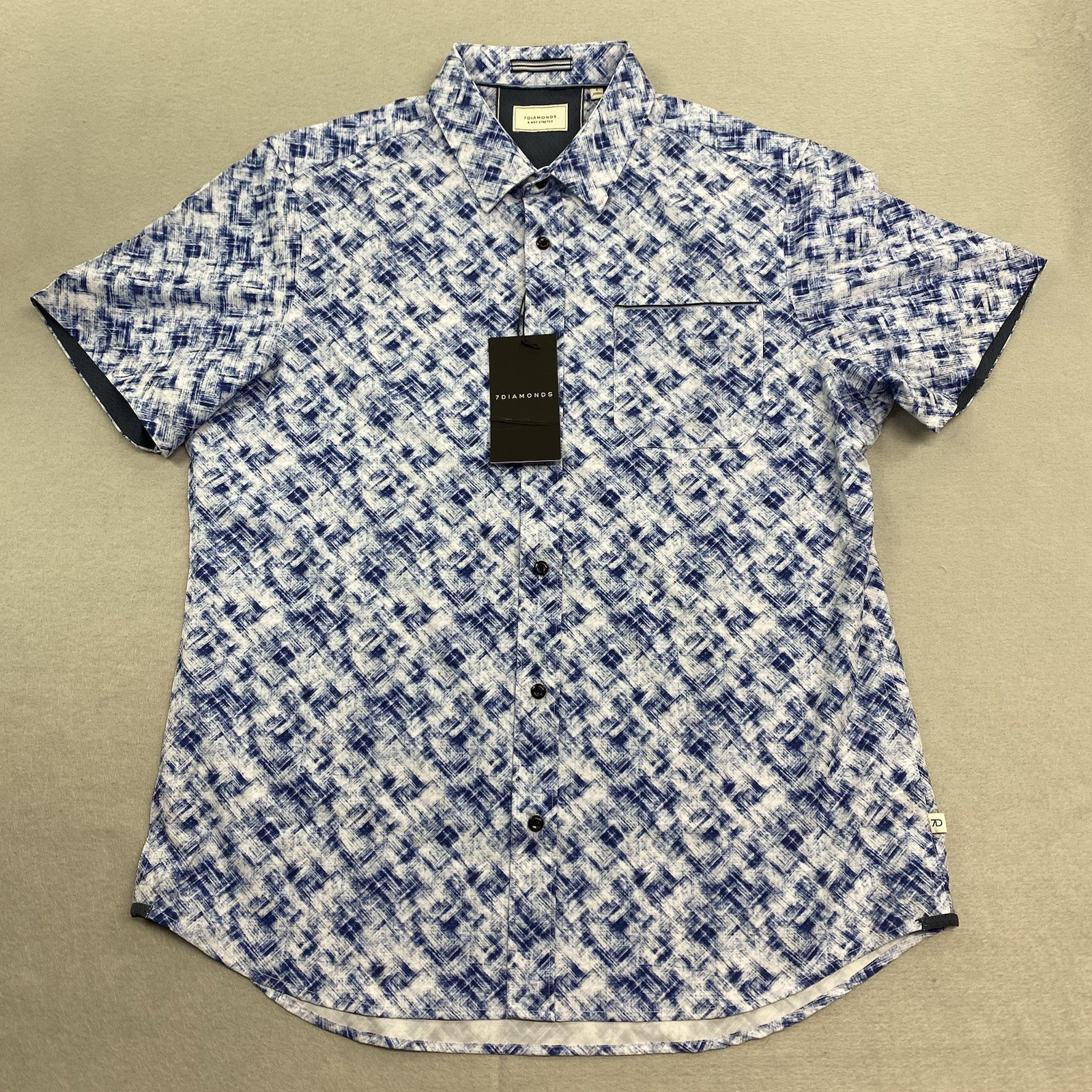 7 Diamonds Shirt Mens Large Blue Button Up 4 Way Stretch Geometric Short Sleeve