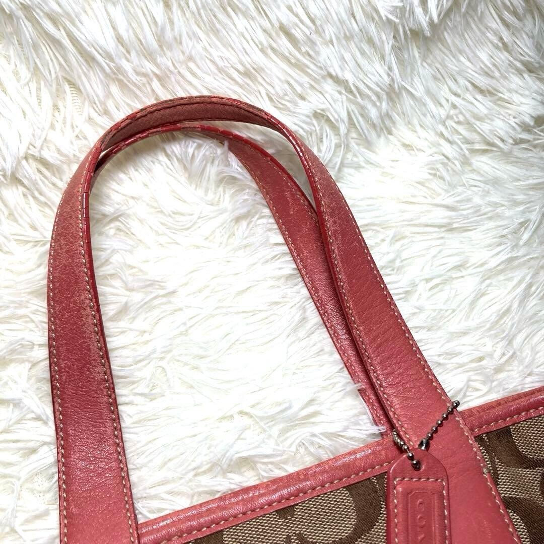 COACH Pink Brown Canvas Leather Tote Bag Logo Inner Pockets 11.8×12.6 in