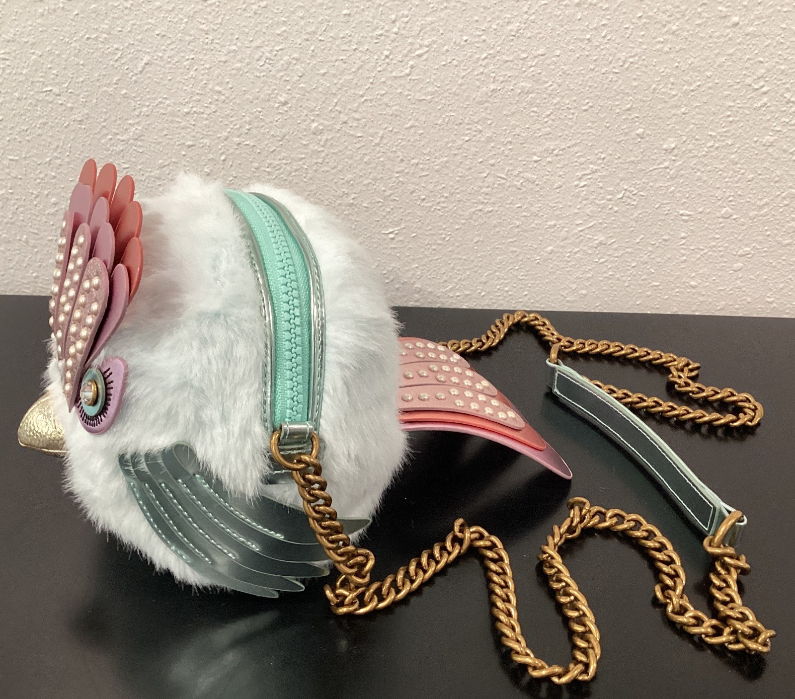 Kurt Geiger Faux Fur Soft Eagle Bag 6″ x 6″ x 4.5″ Crossbody Blue Pink Crystals