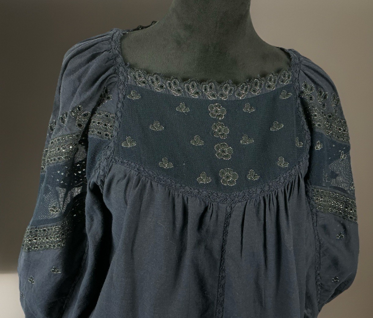 Anthropologie Navy Blue Lace Balloon Puff Sleeve Blouse Top Shirt Size M