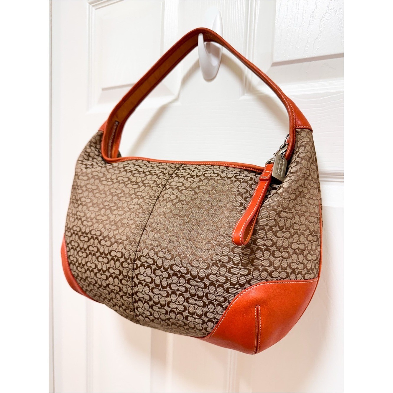 Coach Ergo Large Crescent Hobo Bag Brown Monogram Canvas Orange Leather