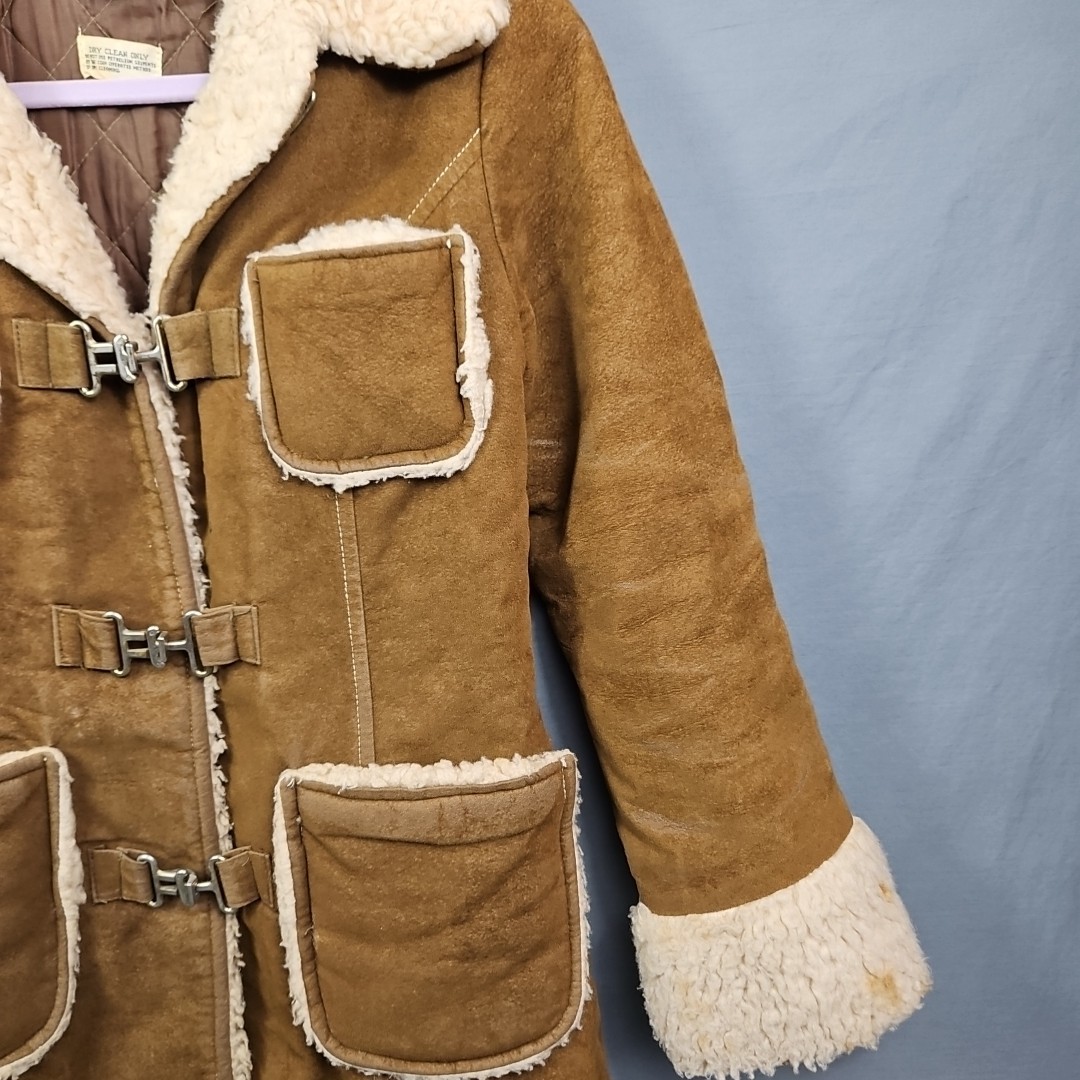 Vtg Curly Top Sheepskin Style Shearling 4 Pocket Lined Clasp Jacket Size 7/8