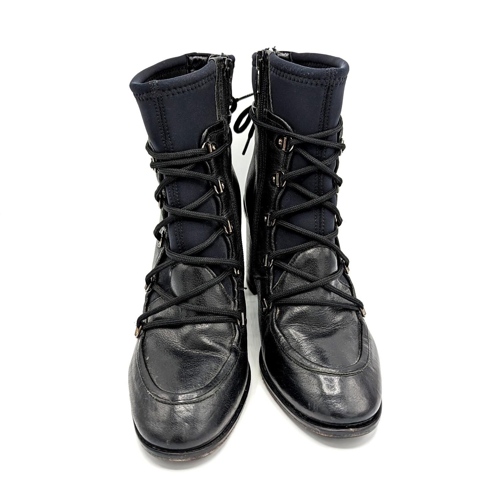 Napoleoni Grannie Black Leather Neoprene Lace-up Witch Granny Booties Sz 9 (39)