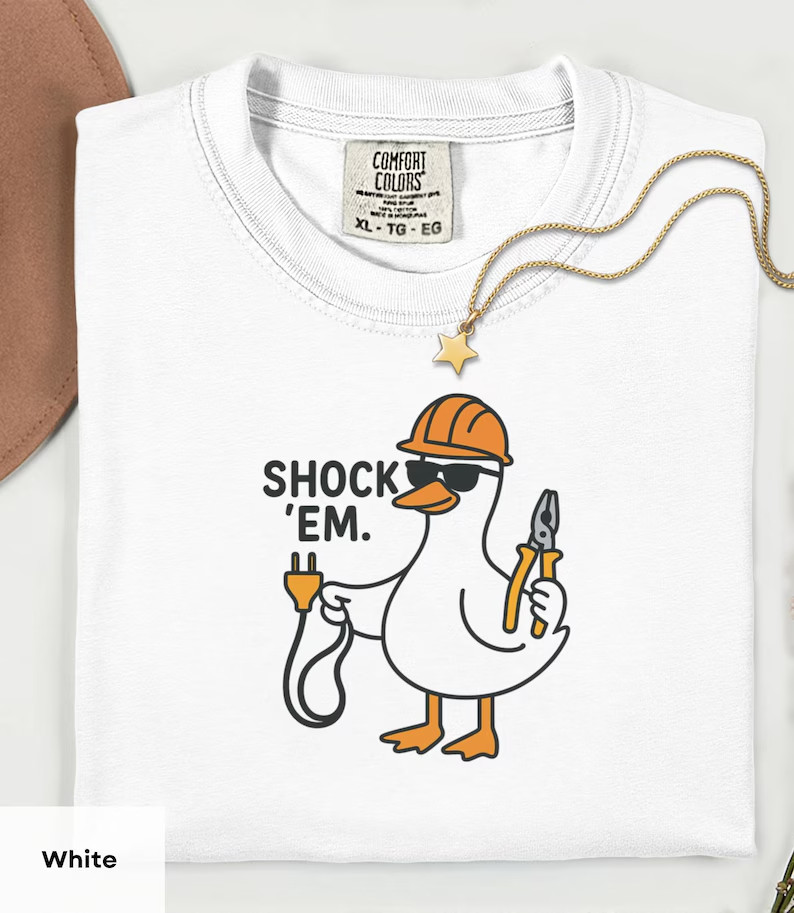 Funny Electrician T-Shirt Shock Em Duck Lineman Blue Collar Gift Top