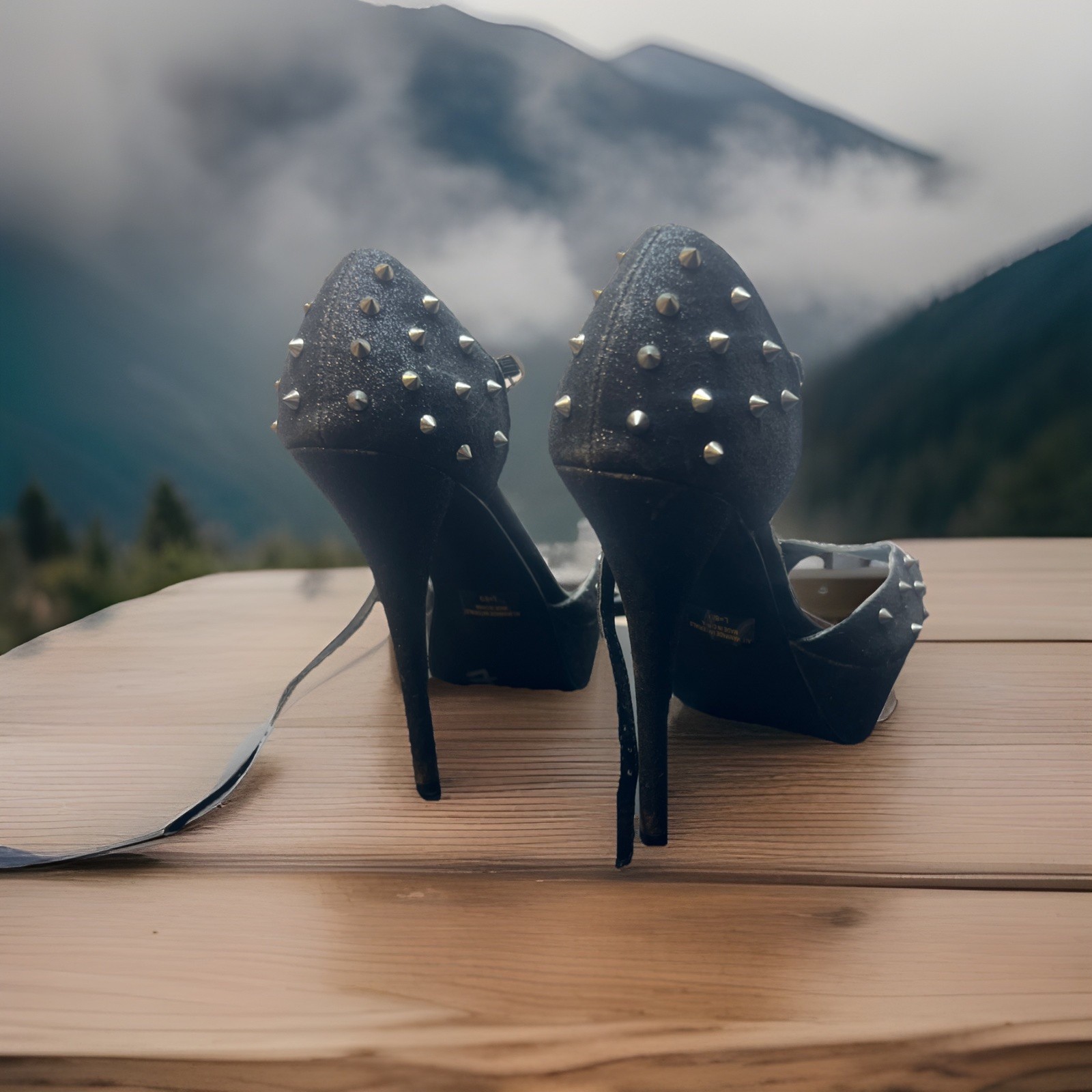 Rue 21 ect! Black Spiked Open Toe Stiletto 5.5″ Heels With Strap Size 8/9