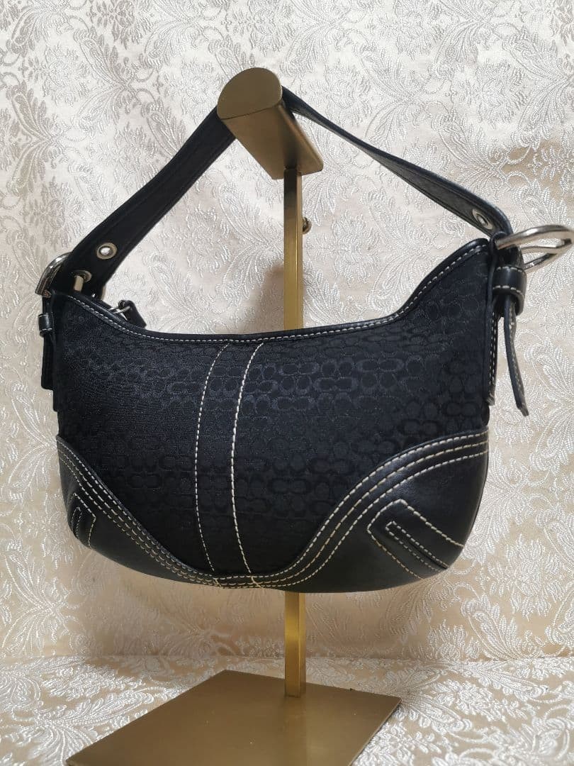 Coach One-Shoulder Bag Black 2154 Signature Canvas Leather Jacquard 9.8 inch
