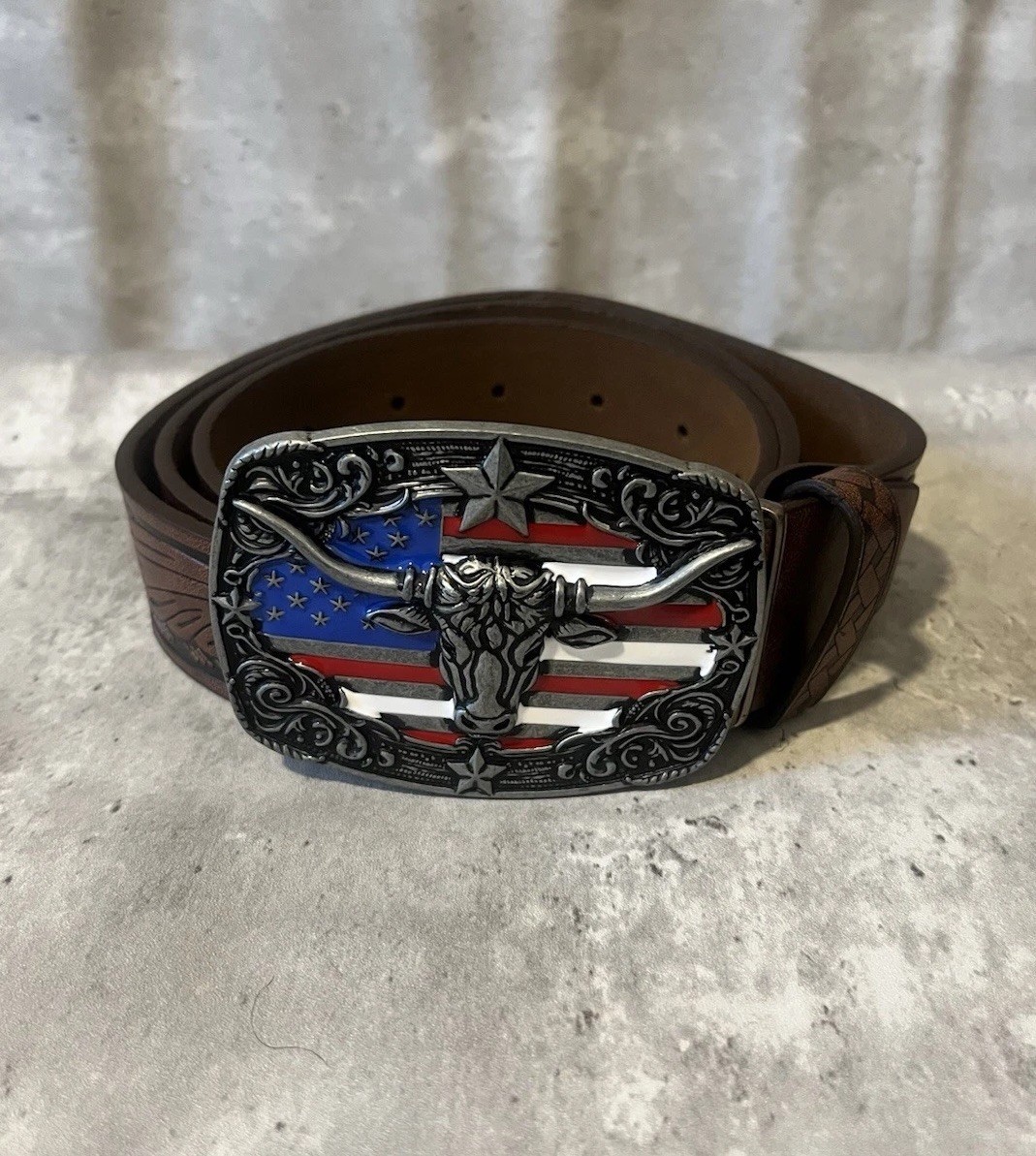 American Flag Belt Men Brown Longhorn Patriotic Decor Size 42-44 Father’s Gift