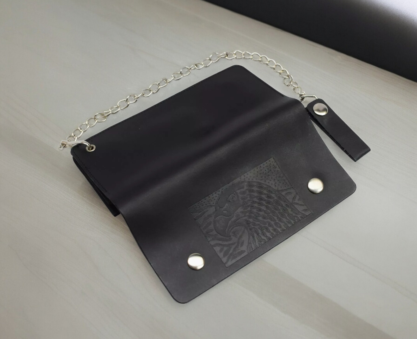 Leather Men Motorcycle Trucker Biker Chain Wallet With Inside Zipper, Black