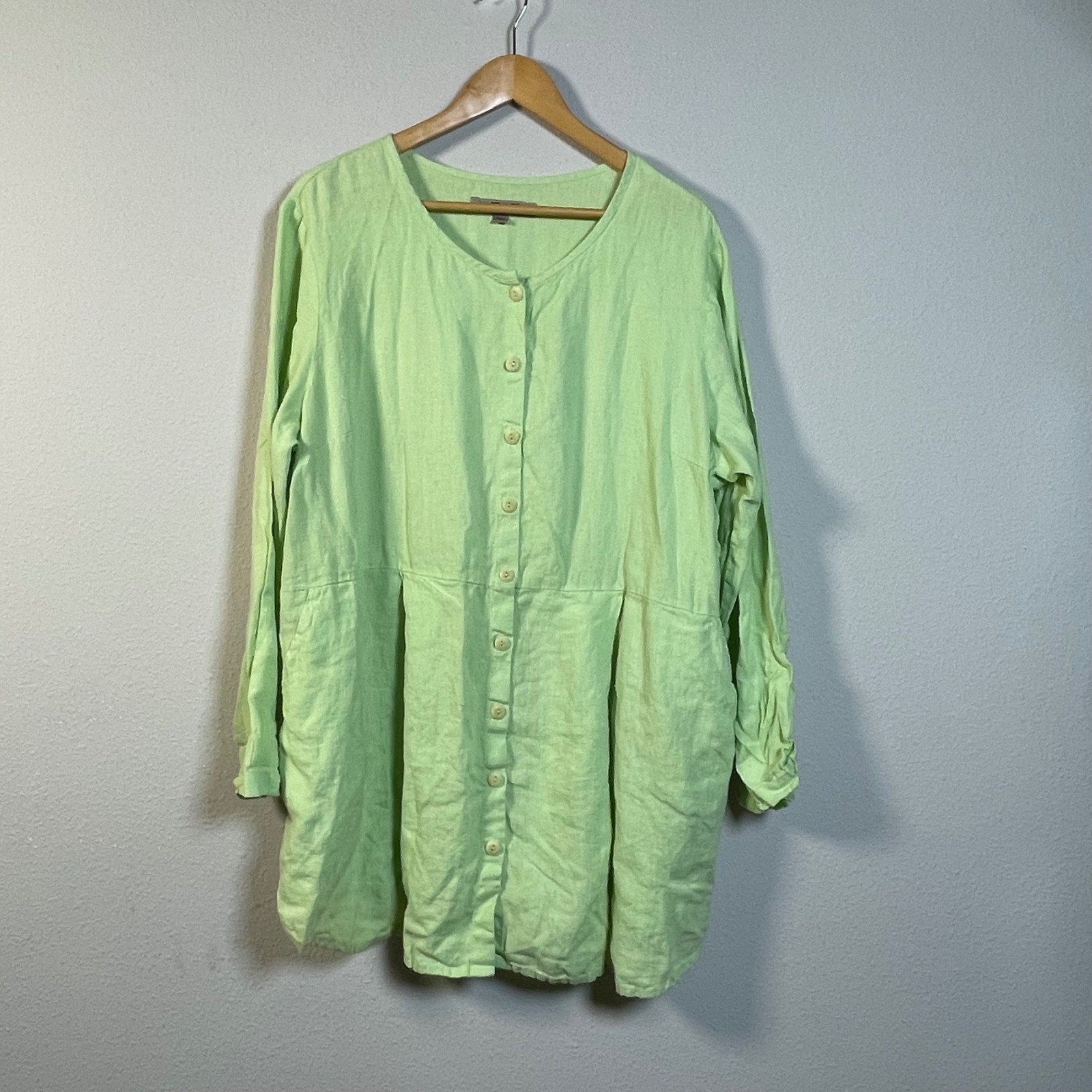 FLAX Linen Tunic Women 1G Lime Green Button Front Long Sleeve Pocket Lagenlook