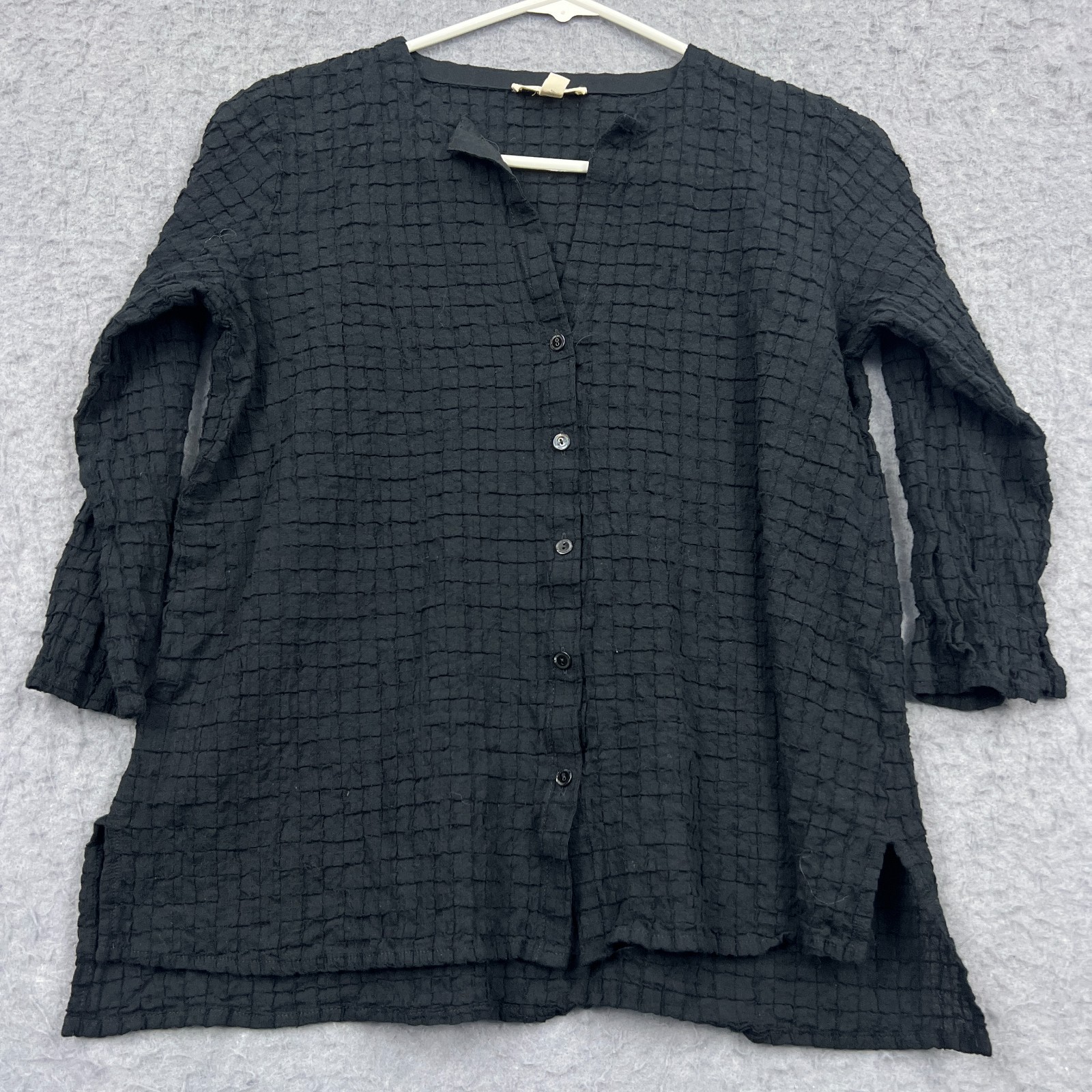 Eileen Fisher Top Womens XXS Black Organic Gauze Grid 3/4 Sleeve Button Up Shirt