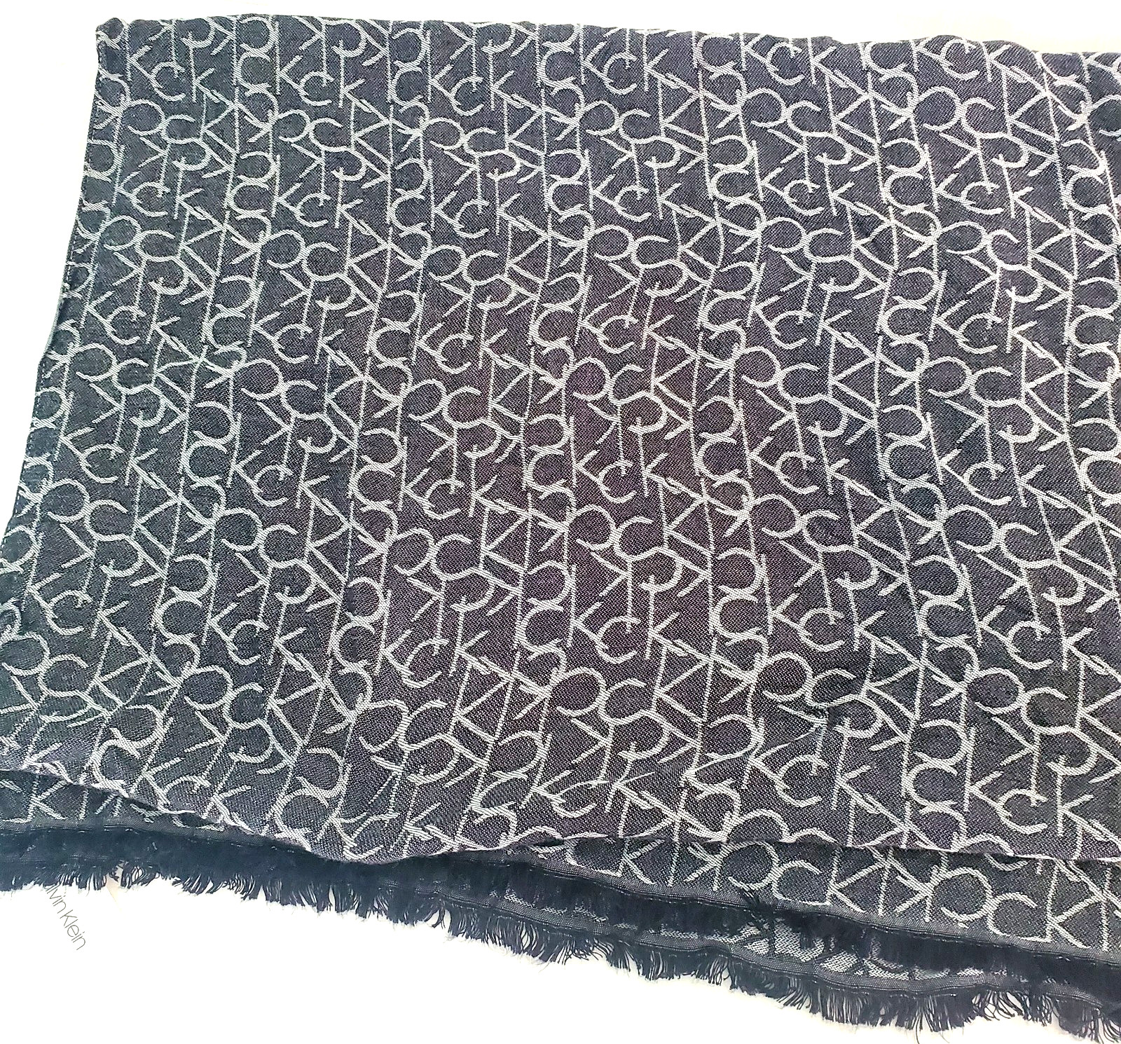Calvin Klein Gray White Pink Logo Scarf Fringe Viscose NWT