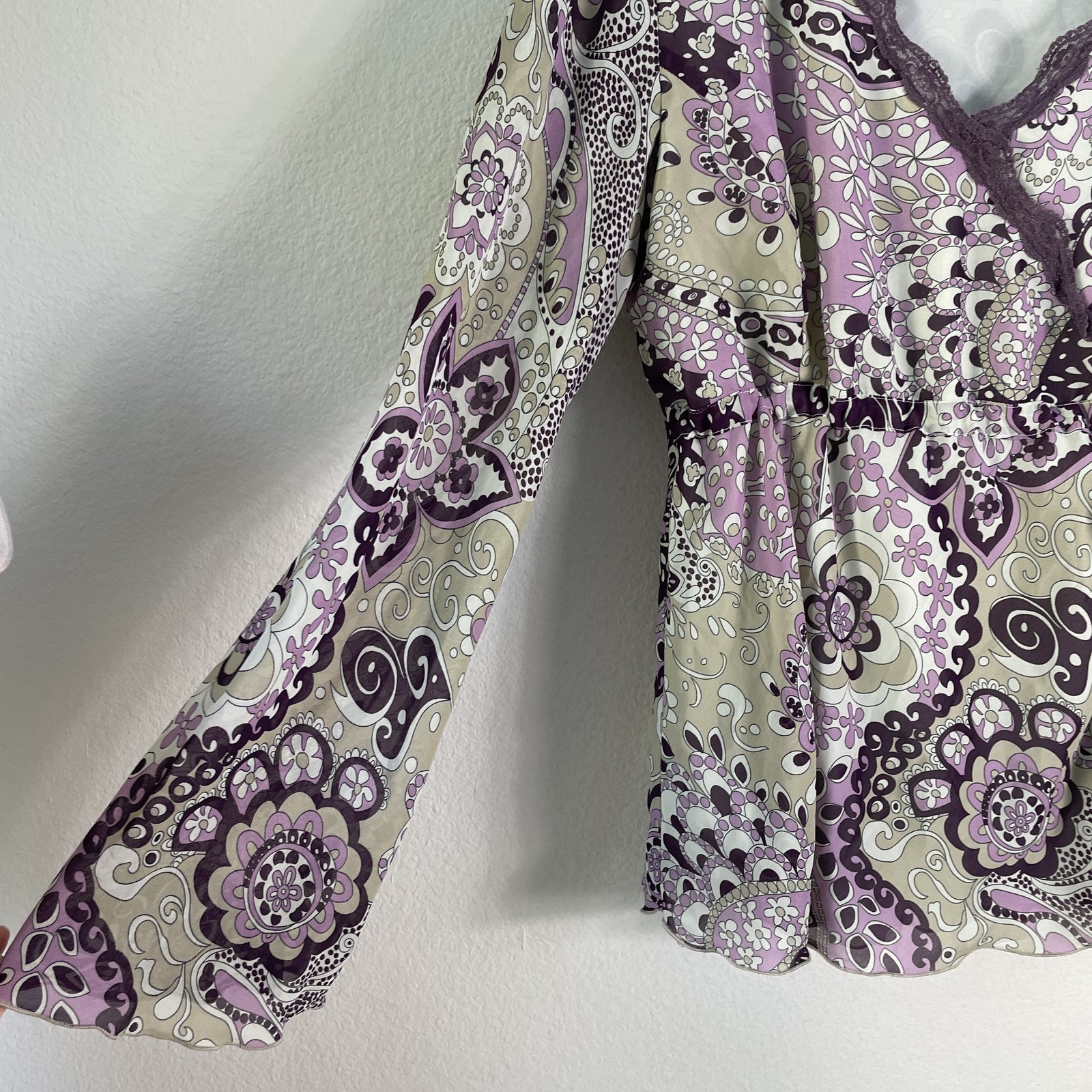 Y2K Apt 9 Blouse Womens XL Purple Beige Floral Paisley Babydoll Long Sleeve Top