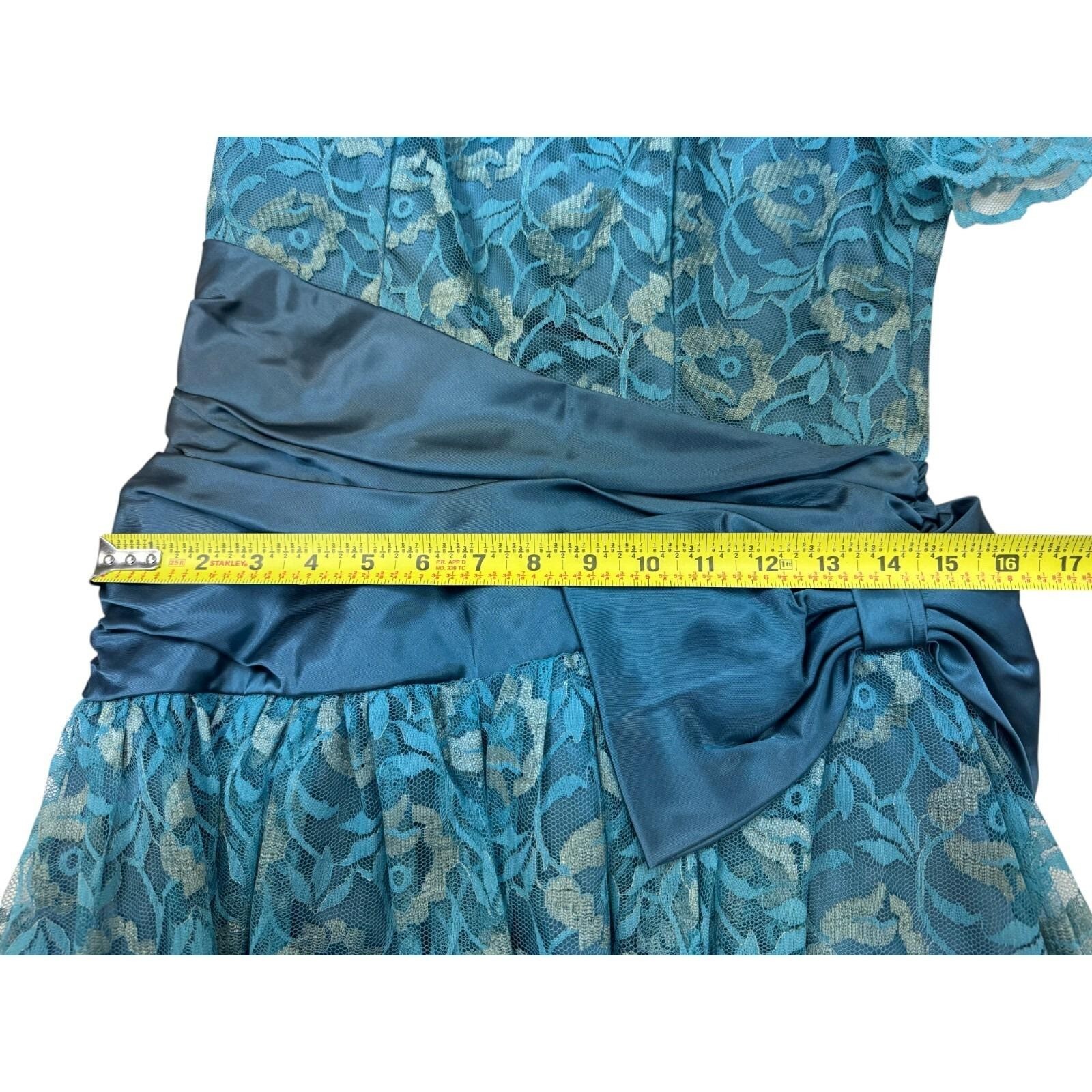 Vitnage 70s Teal Floral Lace Short Sleeve Midi Formal Prom Dress Sz 11/12