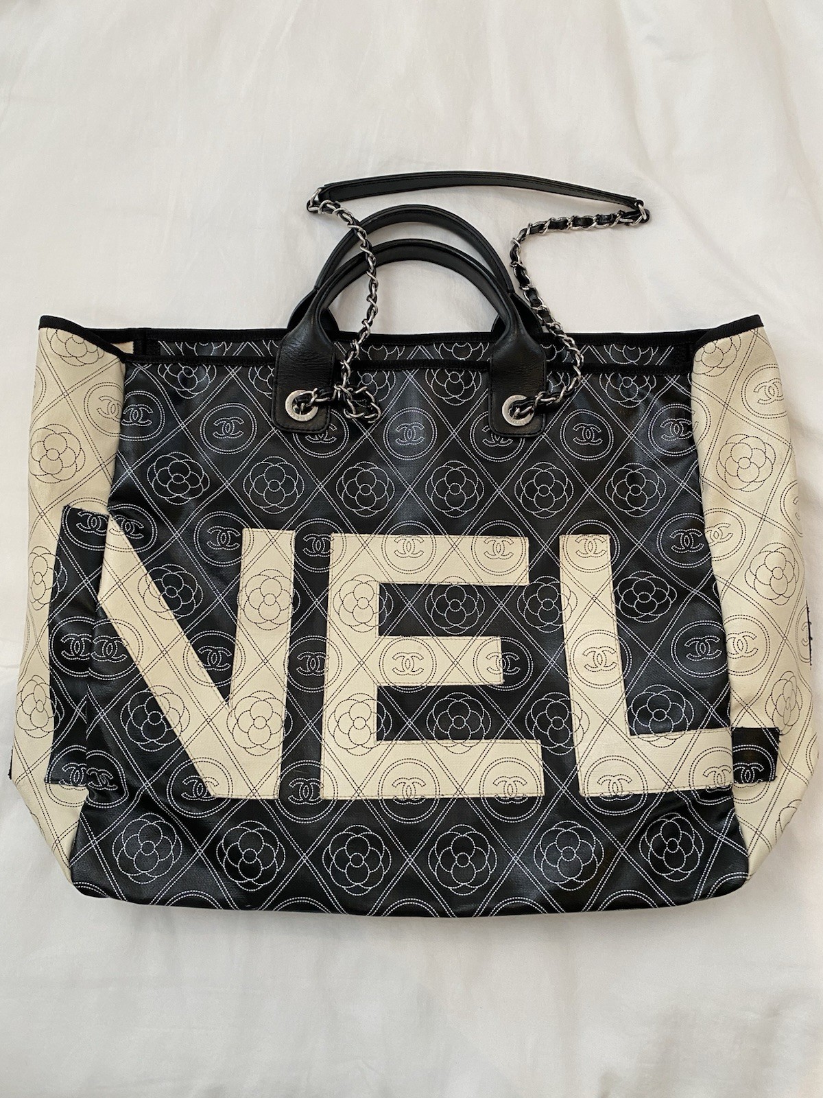 CHANEL Large Deauville Camellia Shopping Coated Canvas Tote Bag Black Beige✨