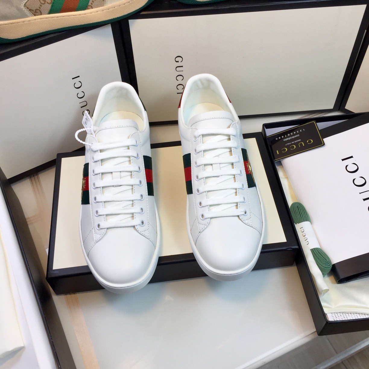 Men Gucci Ace White Leather Green Red Snake Heel Gold Bee Designer Sneaker