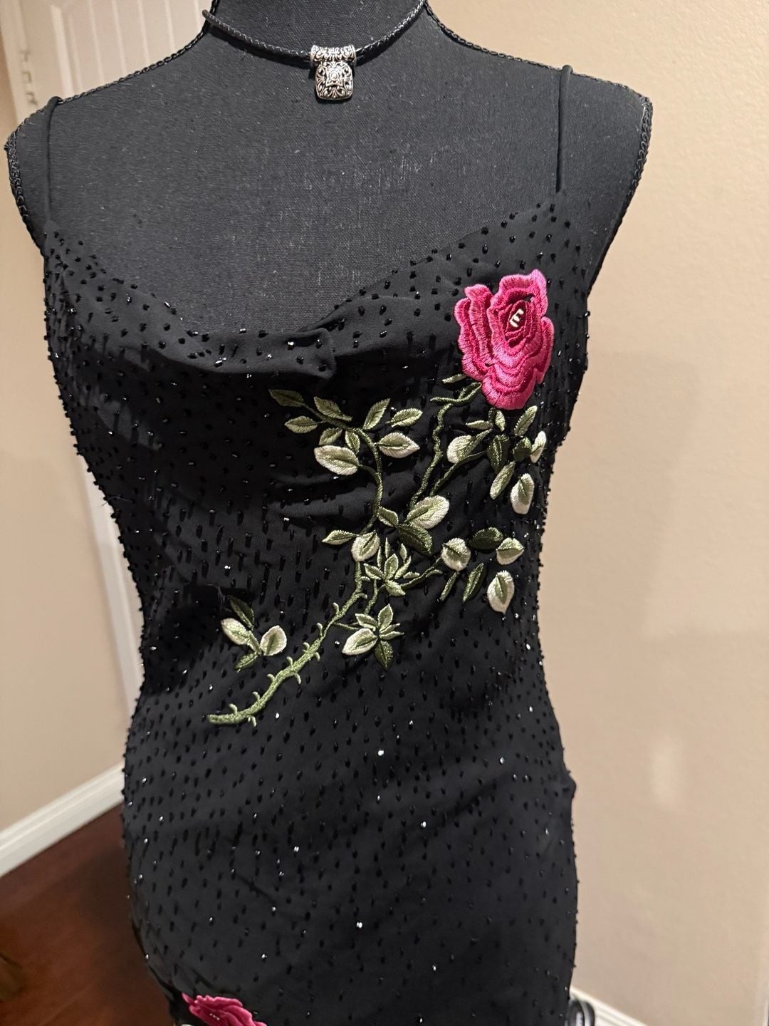 Y2k Morgan & Co by.Linda Bernall Sz.7/8 Black Beaded Floral Embroidered Dress