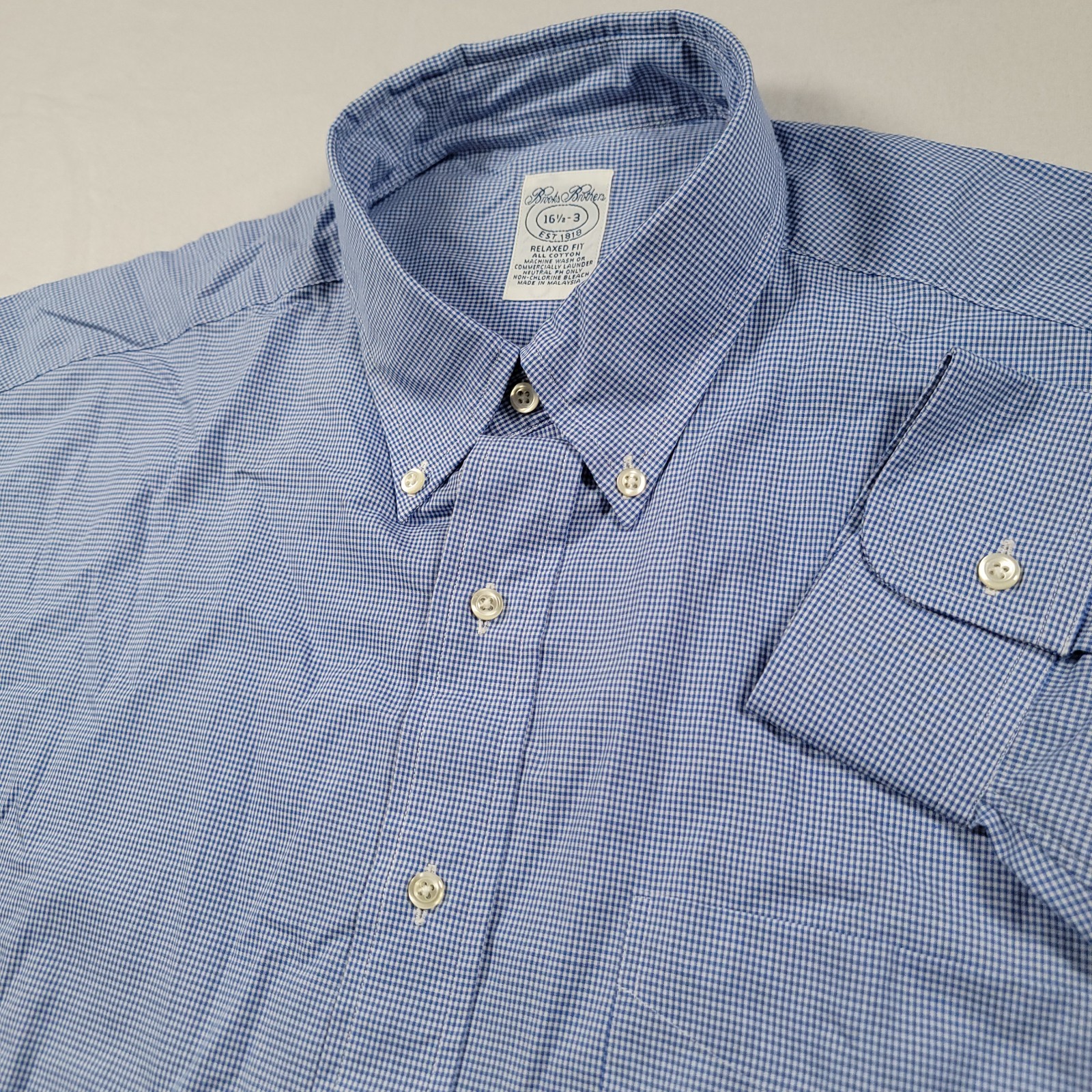 NEW VTG Brooks Brothers Shirt Mens 16.5 3 Blue Micro Check Relaxed Fit Cotton