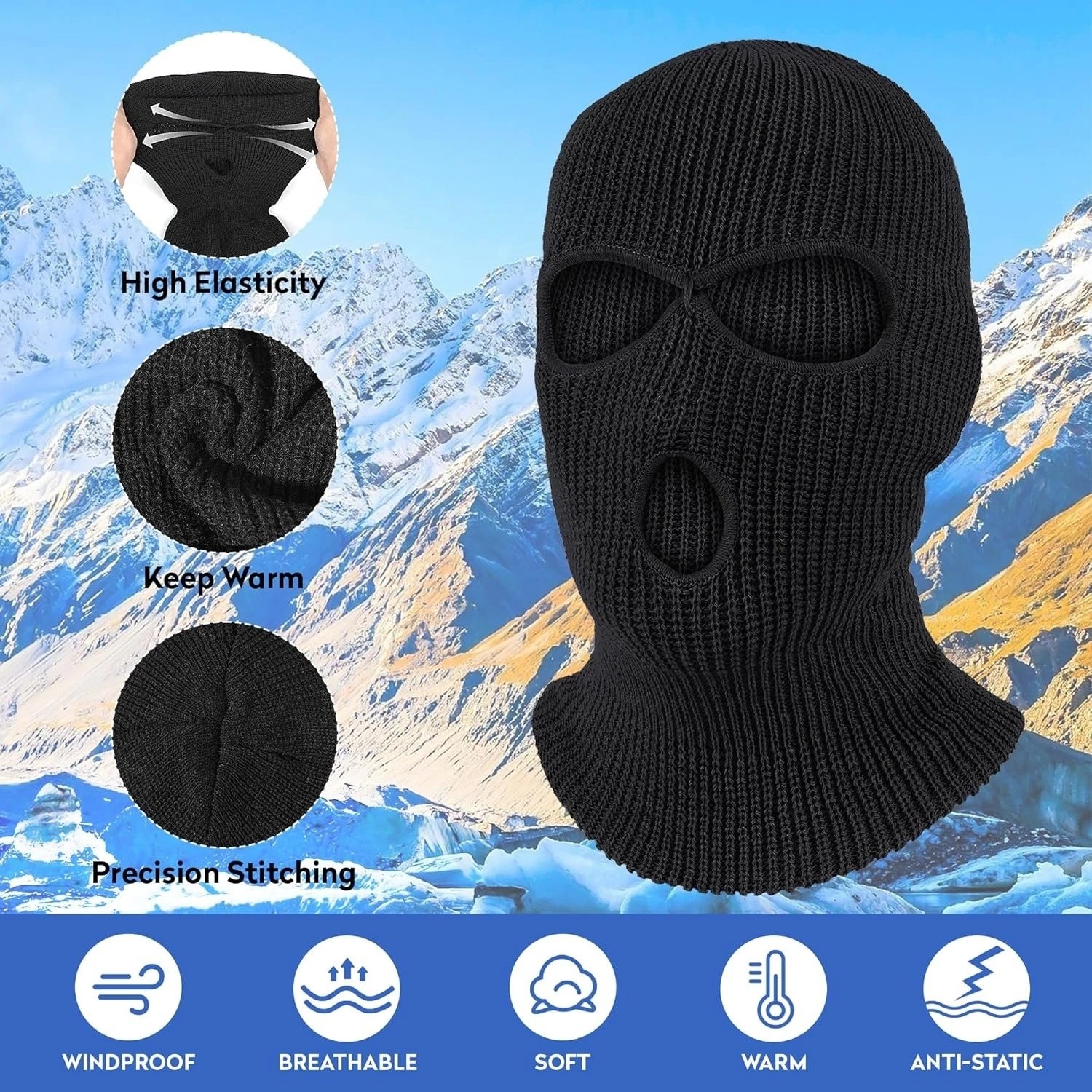 Winter Ski Mask 3 Hole Knitted Skull Balaclava Beanie Hat Men Outdoor Sports Cap