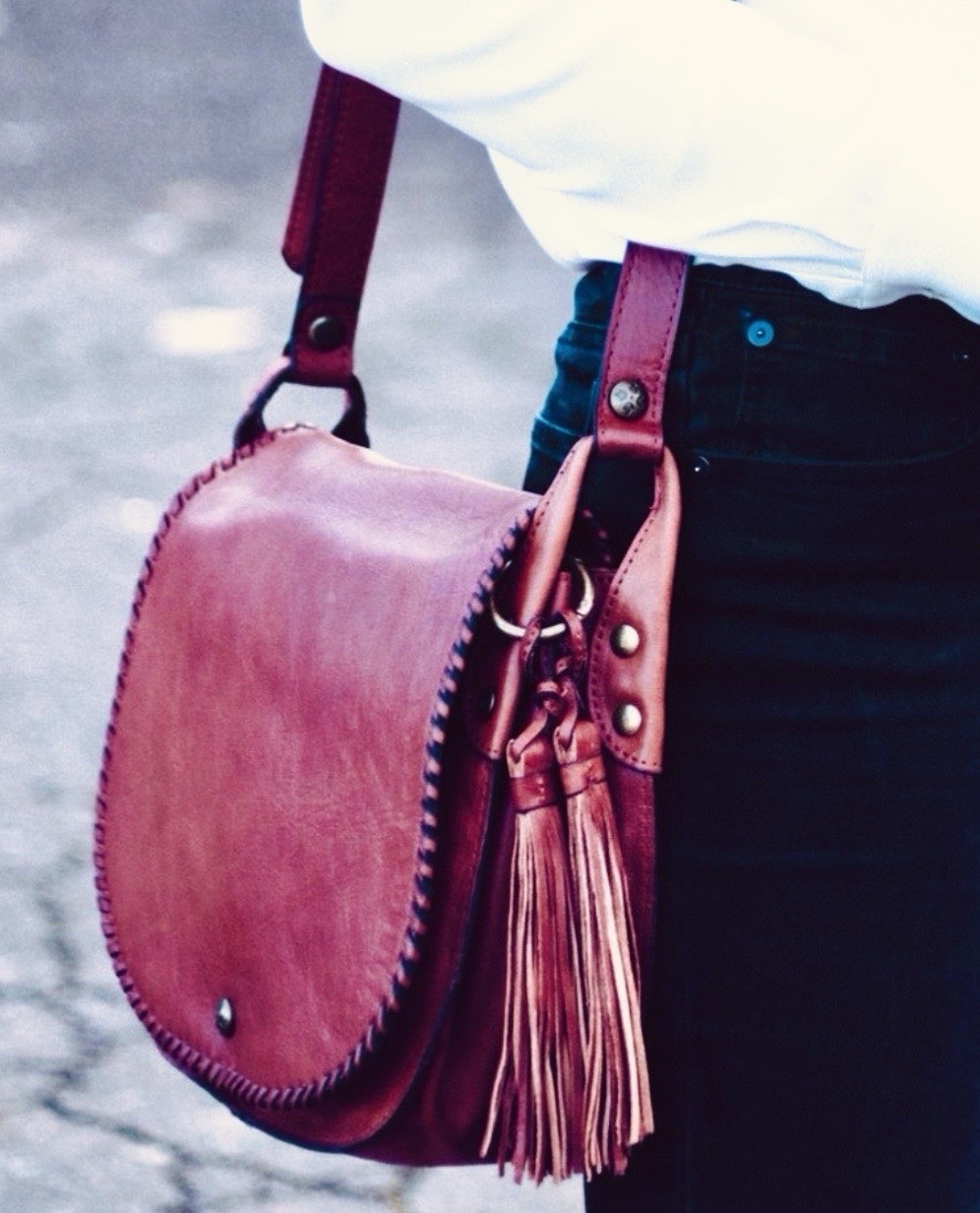 Patricia Nash Distressed Red Whipstitched Tasseled Crossbody Saddle Bag Purse