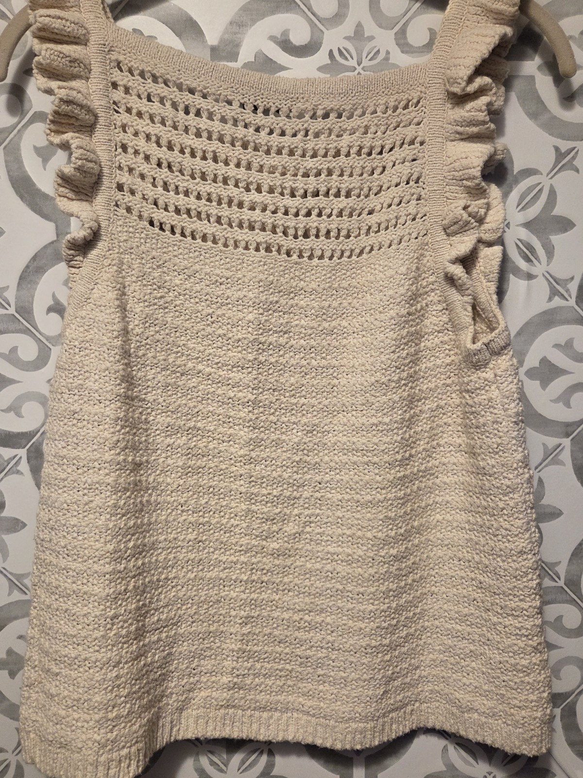 Madewell Size LARGE Ruffle Crochet Sweater Tank Marled Cream Off White Sleeveles