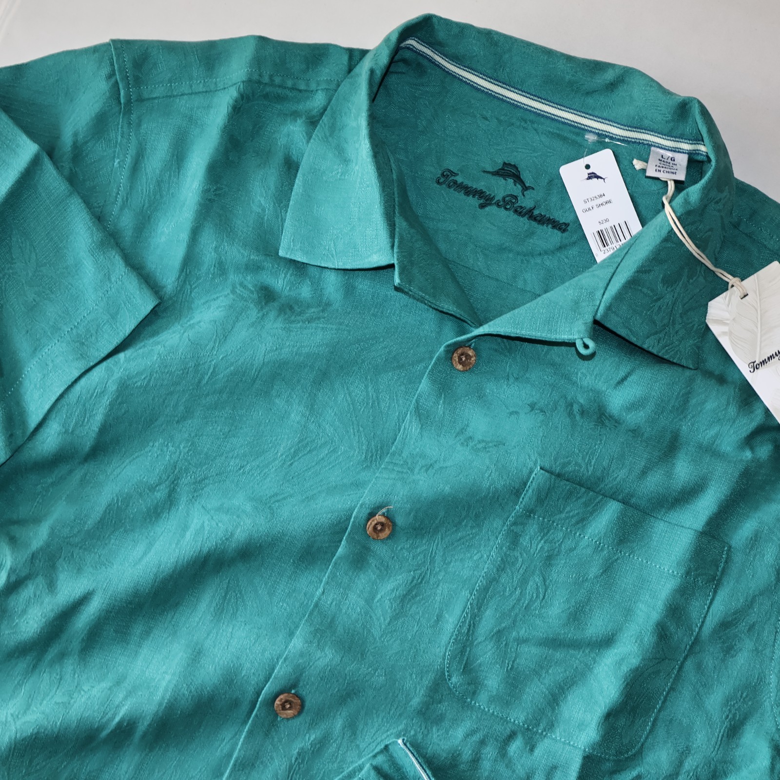 Tommy Bahama Camp Shirt Tropic Isles Embossed 100% Silk Gulf Shore Blue SS New