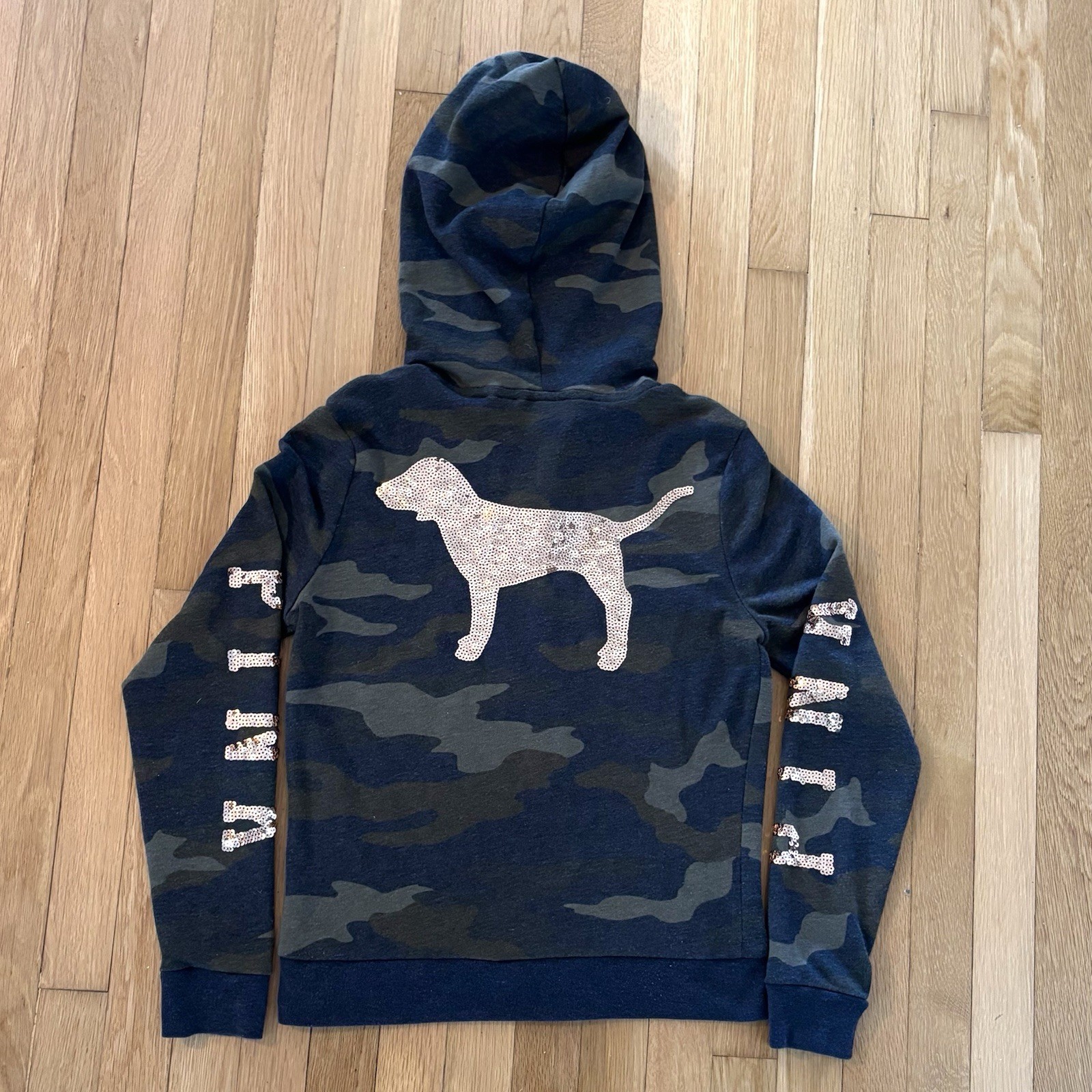 Victorias Secret PINK Camo Hoodie Womens S Small Sequin Bling Gold Full Zip Dog