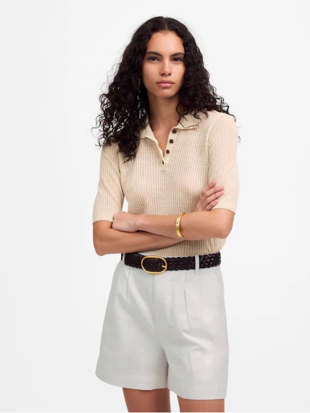 NWT Madewell Short-Sleeve Polo Sweater Tee in Beach Sand Large