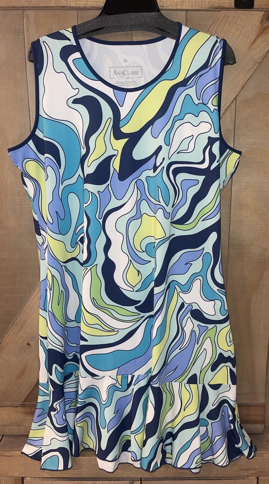 Ana Clare Active Sleeveless Flounce Dress Blue Green Yellow SPF 50 Size XL NWOT