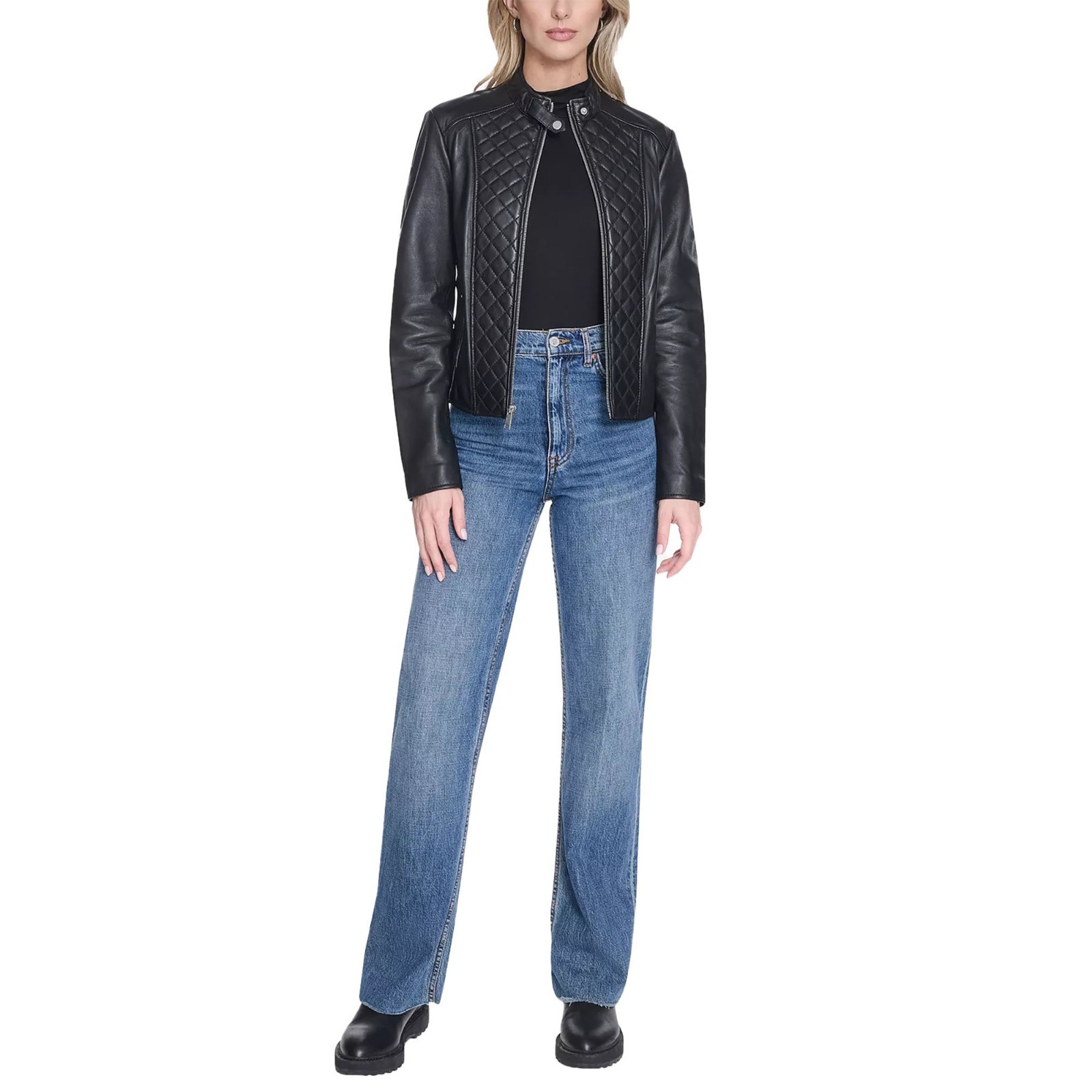 Women Real Leather Jacket Black Quilted Diamond Biker Motorcycle Riding Coat