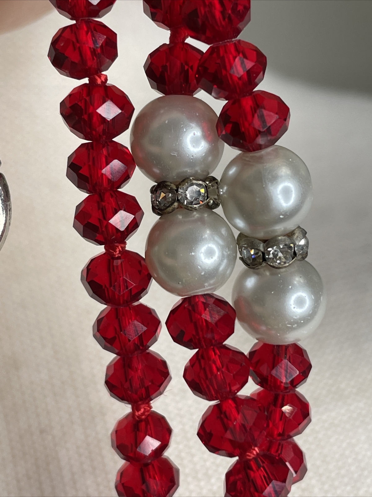 Crystal Lanyard Or Eyeglass Chain Red Crystal Pearl Rhinestone Beads 34” Strand
