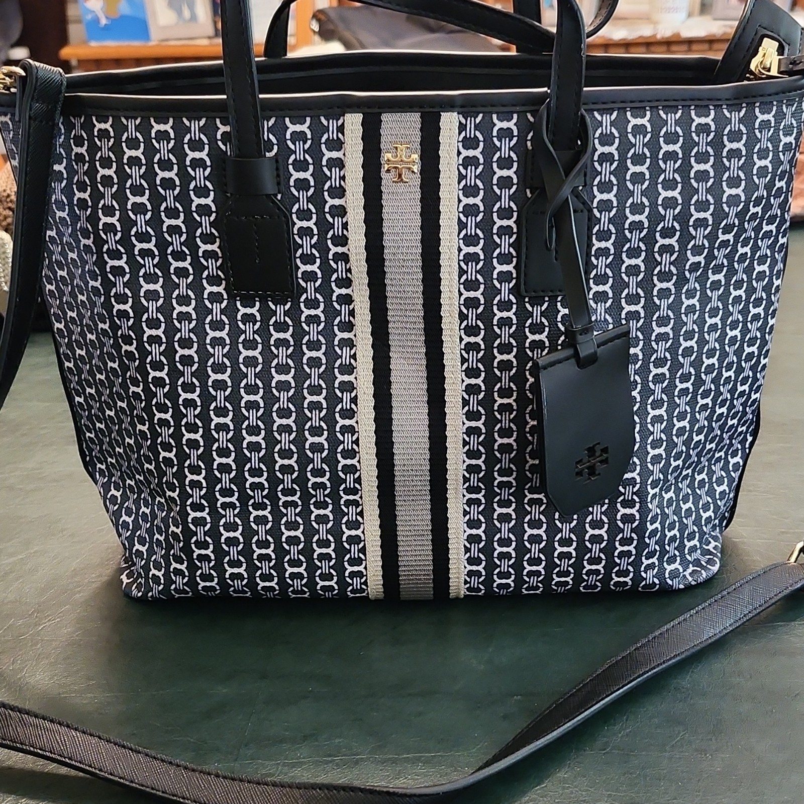 Tory Burch Women’s Large Black/White Logo Tote Zip Top Strap, Tag, Gold