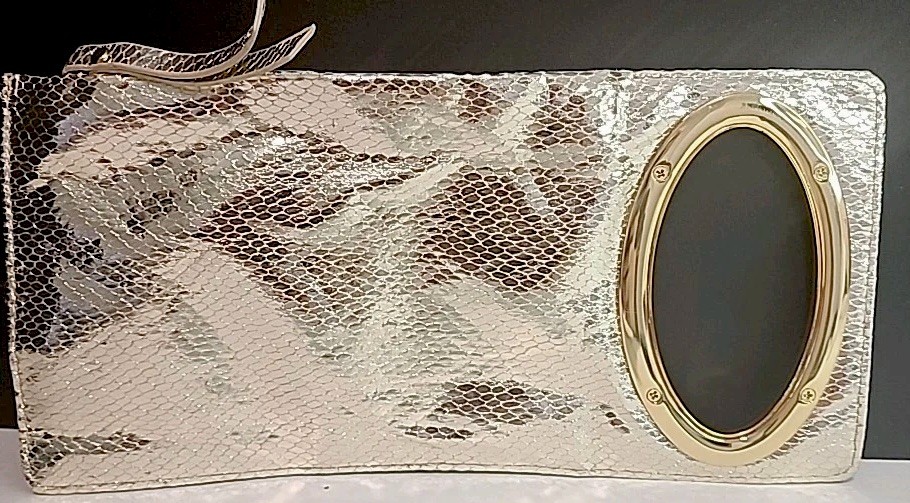 IMAN Metallic Metal Mesh Mini Clutch Silver Zippered Side Open Logo Metal Pull