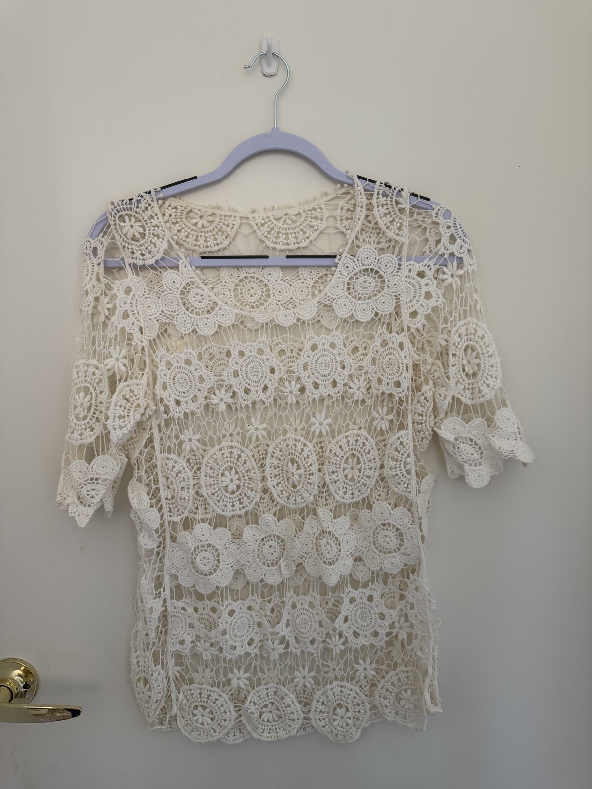 Beige Bohemian Crochet Blouse for Women – Medium Cottagecore Top