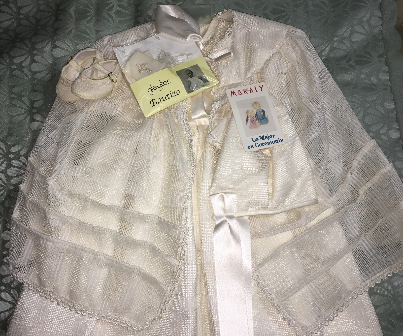 Vintage Maraly Baptism Christening Outfit Gown Mexico Shoes Bonnet Cape Bautizo
