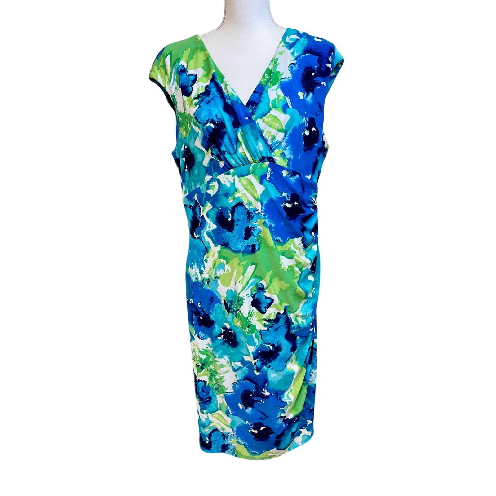 LAUREN Ralph Lauren Floral Dress Sz 16 Blue Faux Wrap Ruched Office Work