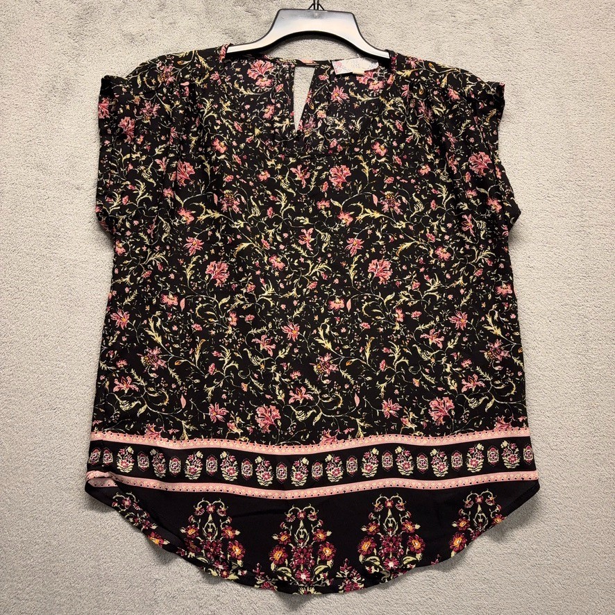 Pink Rose Top Womens Medium Black Floral Cap Sleeve Pullover Bohemian