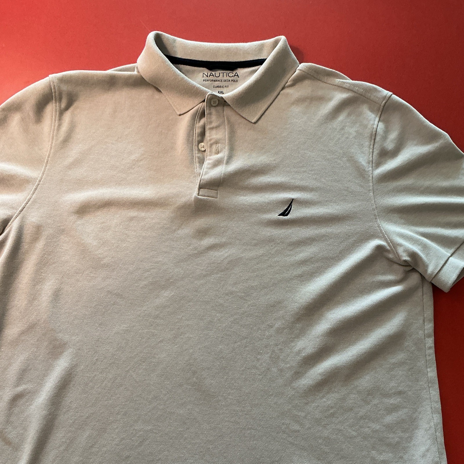 Nautica Men’s 2XL Beige Solid Classic Fit Short Sleeve Polo Shirt Logo Button
