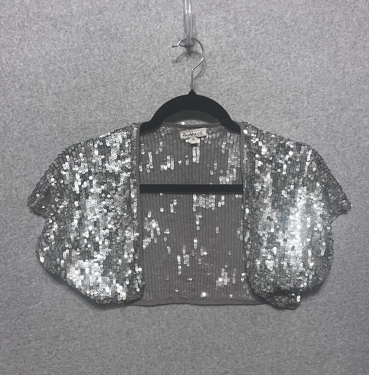 Vintage Silver Sequin Bolero Shrug Sz Medium 4/6 Metallic Evening Flashback