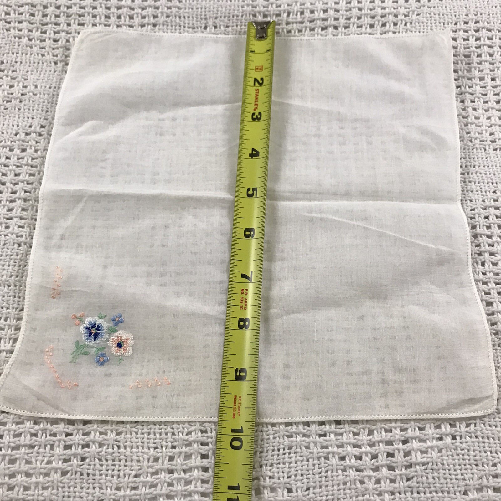 Embroidered Floral Handkerchief Pink Blue White Simple Delicate 9.5″ Vintage