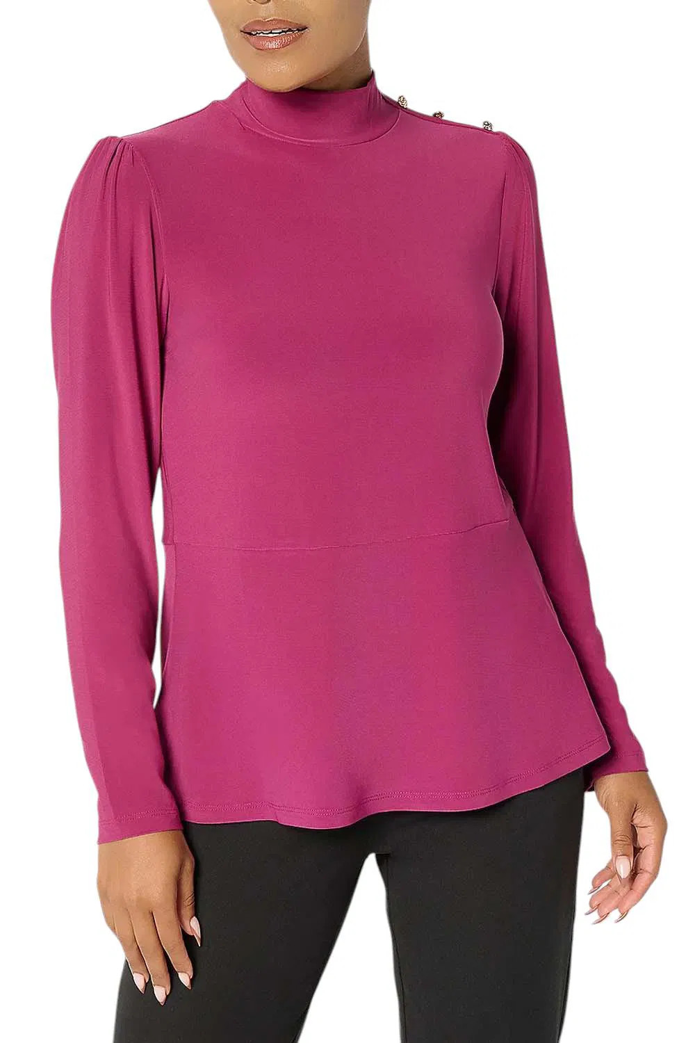 Dennis Basso Women’s Italia Mock Neck Soft Peplum Top Berry Kiss