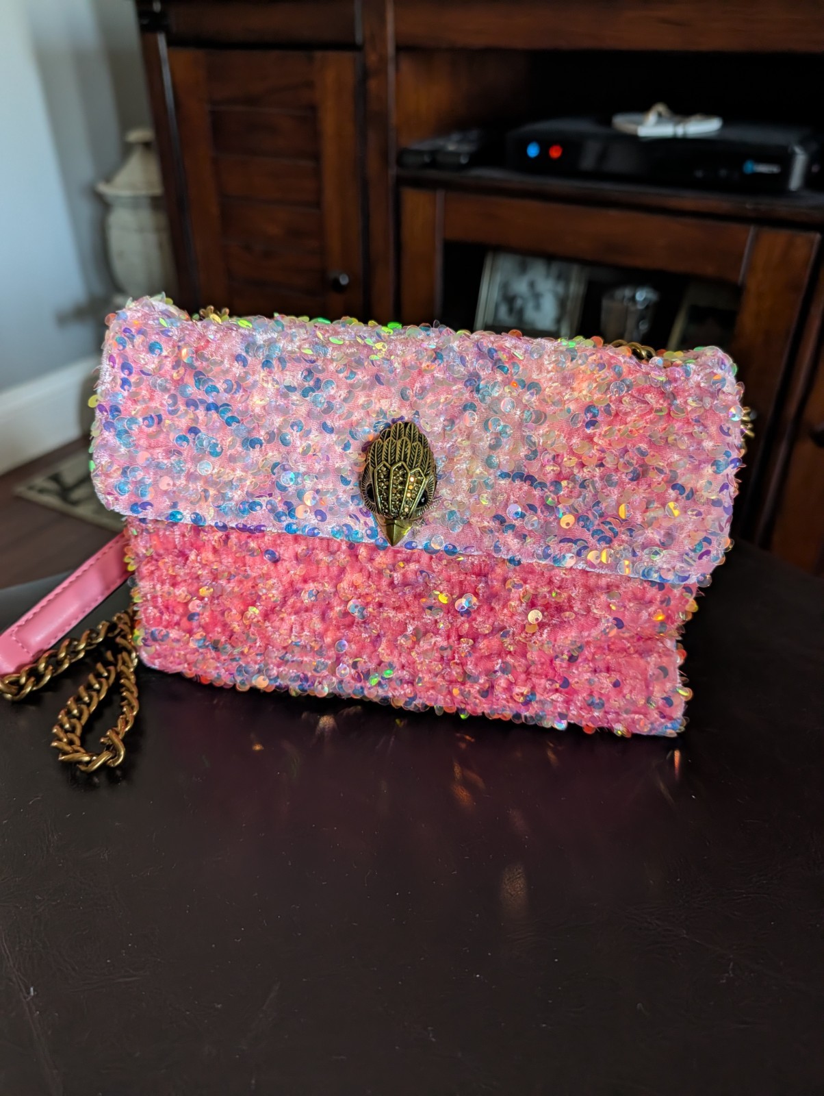 Kurt Geiger Kensington Pink Sequin Small Shoulder Bag Gold Chain Strap Lined