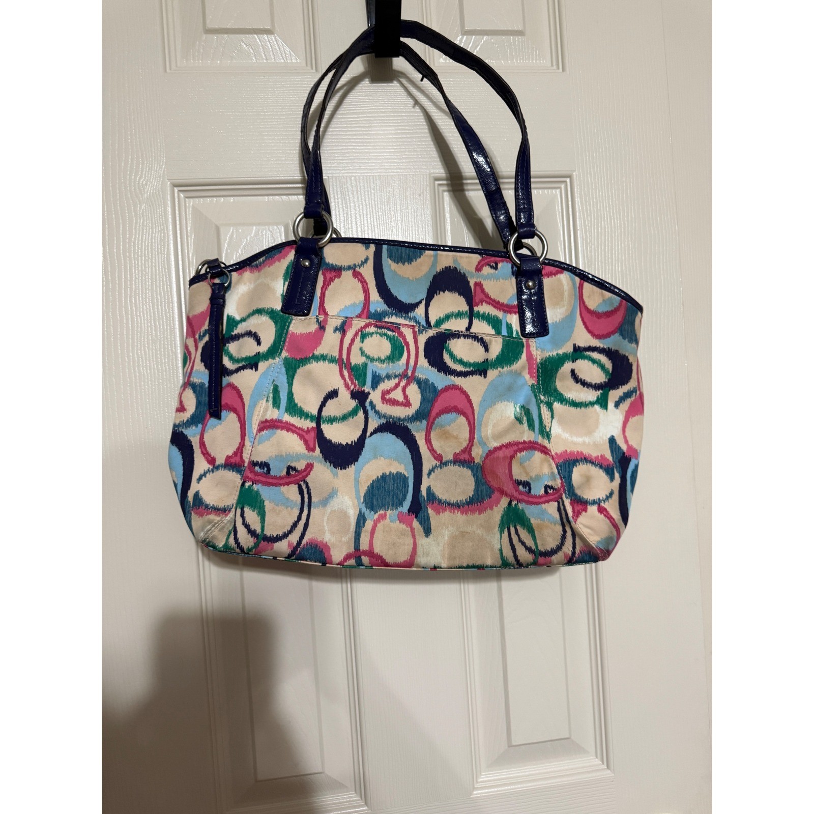 Coach Poppy Multicolor Ikat Scribble C Logo Sateen Tote Bag Purple Trim 24444