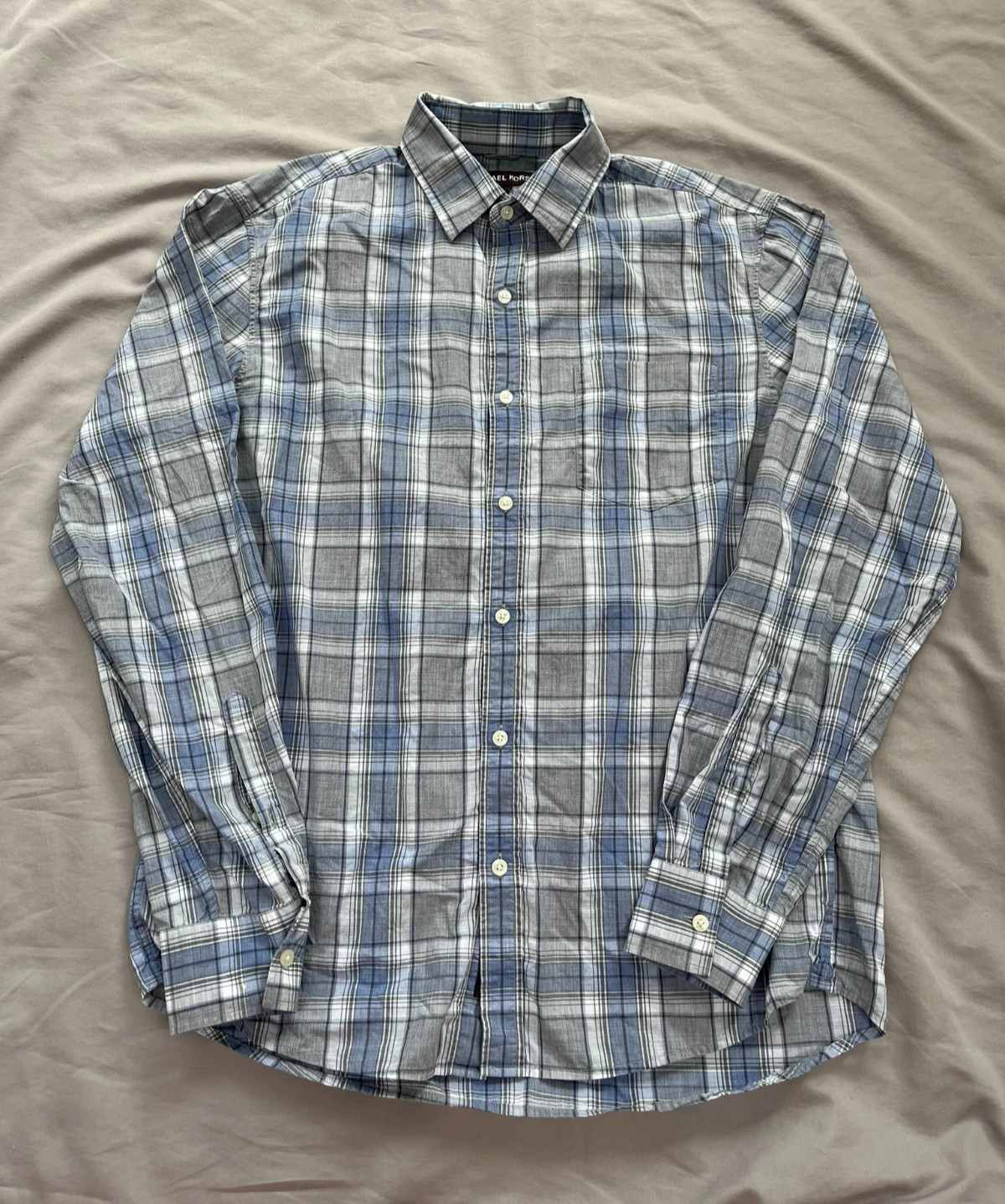 Michael Kors Men’s Blue Plaid Slim Fit Long Sleeved Button Up Shirt- Size M
